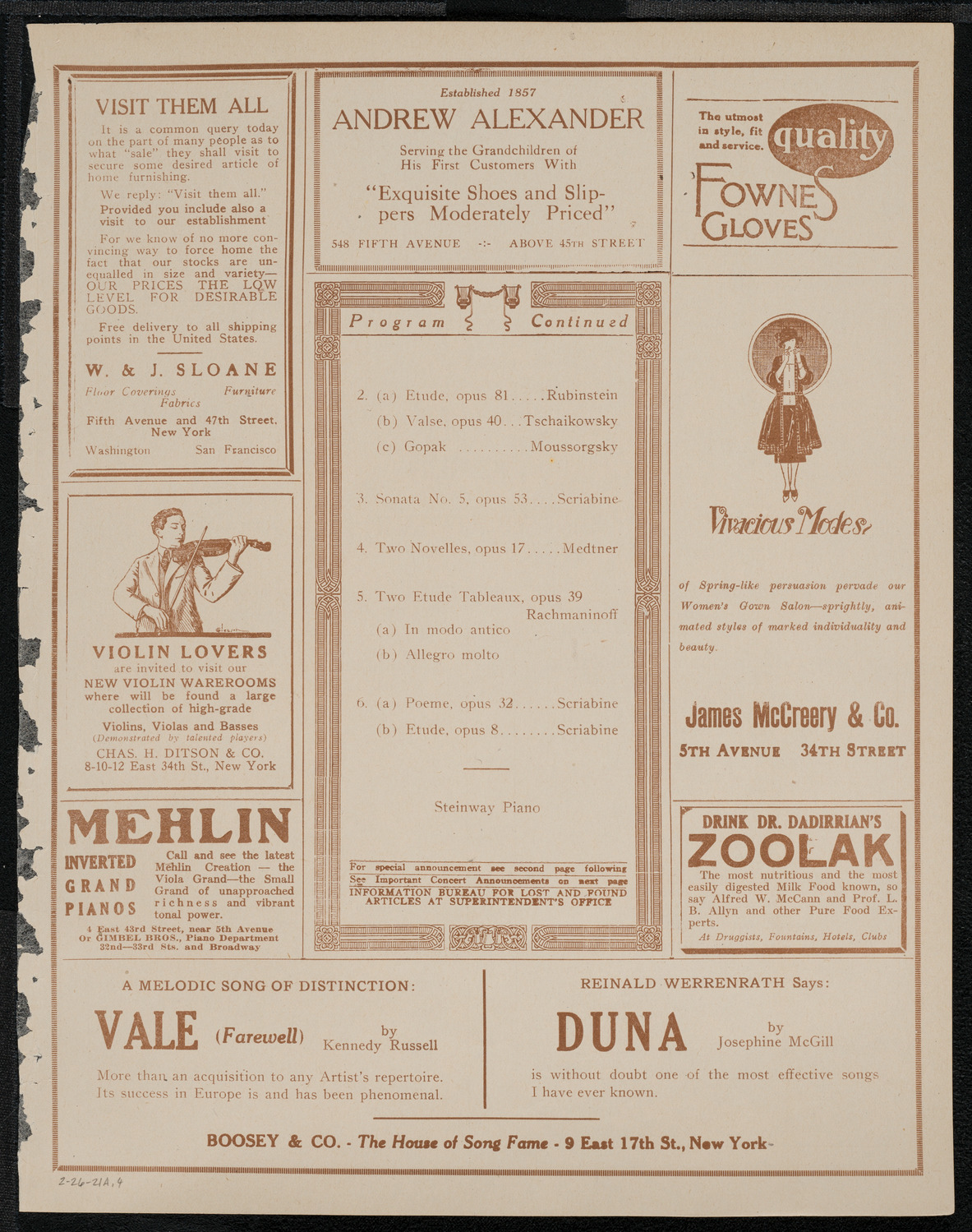 Sergei Rachmaninoff, Piano, February 26, 1921, program page 7