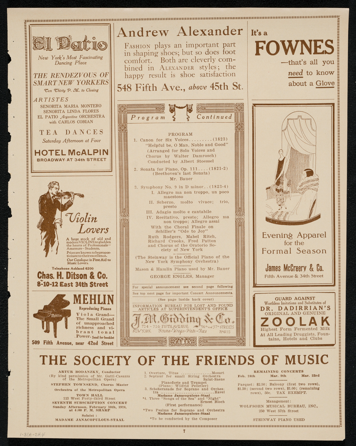 New York Symphony Orchestra: Beethoven Cycle, January 31, 1924, program page 7