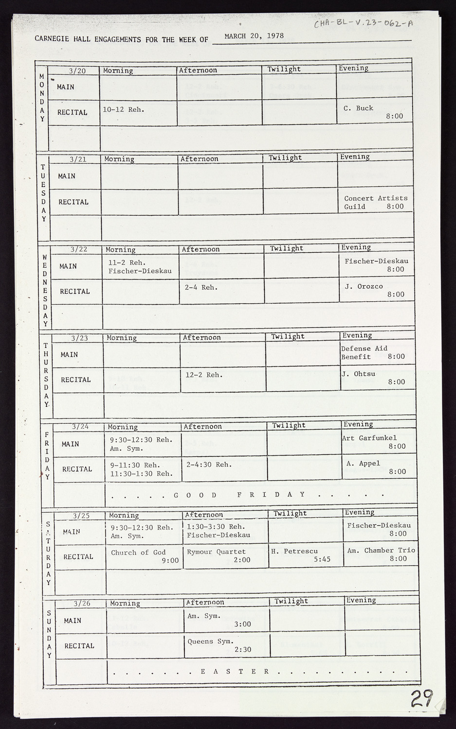 Carnegie Hall Booking Ledger, volume 23, page 62a