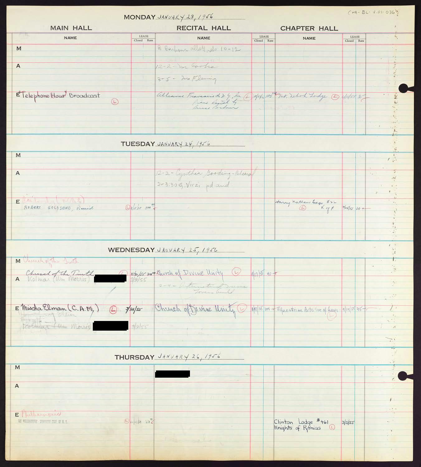 Carnegie Hall Booking Ledger, volume 1, page 36