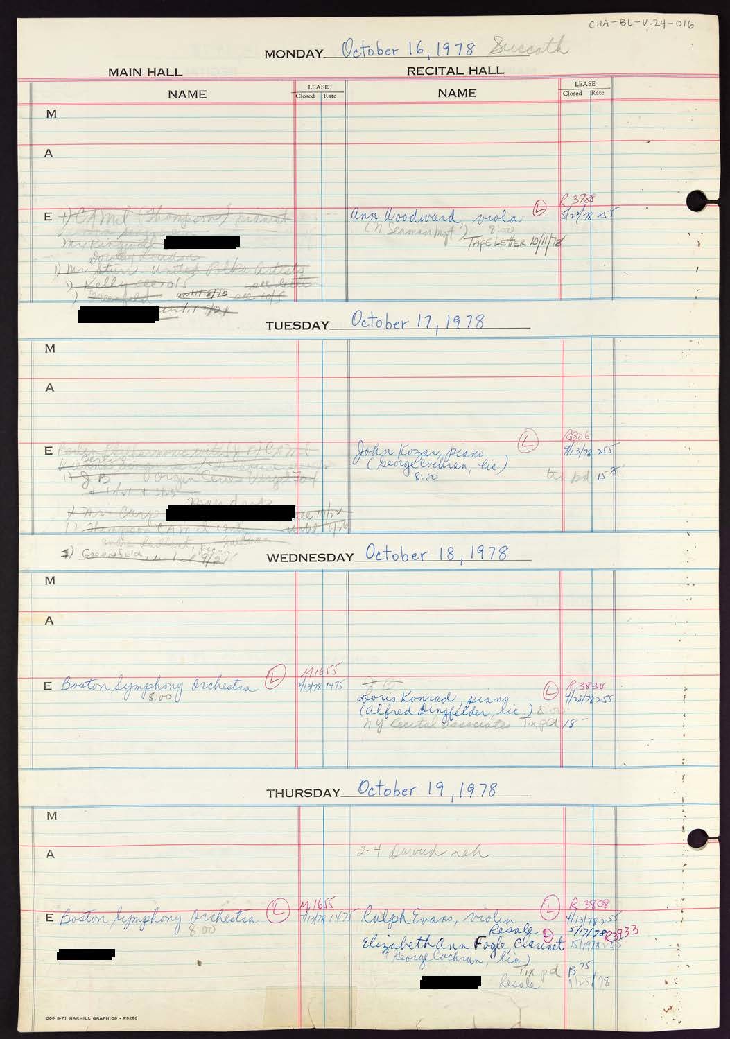 Carnegie Hall Booking Ledger, volume 24, page 16