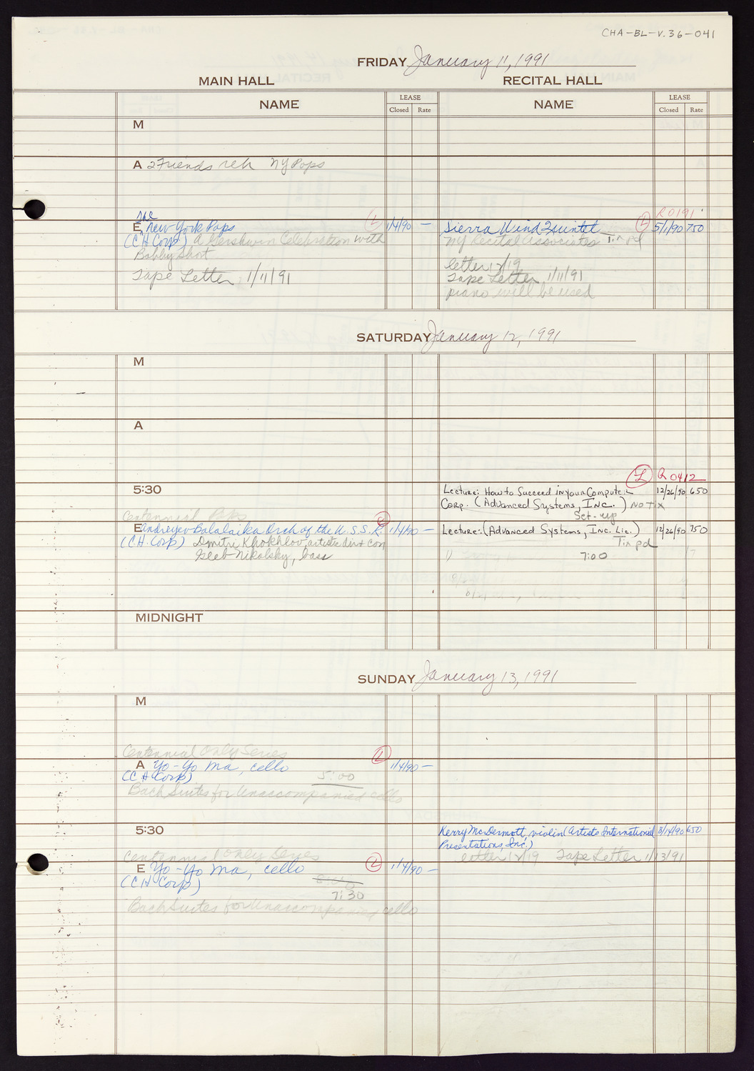 Carnegie Hall Booking Ledger, volume 36, page 41