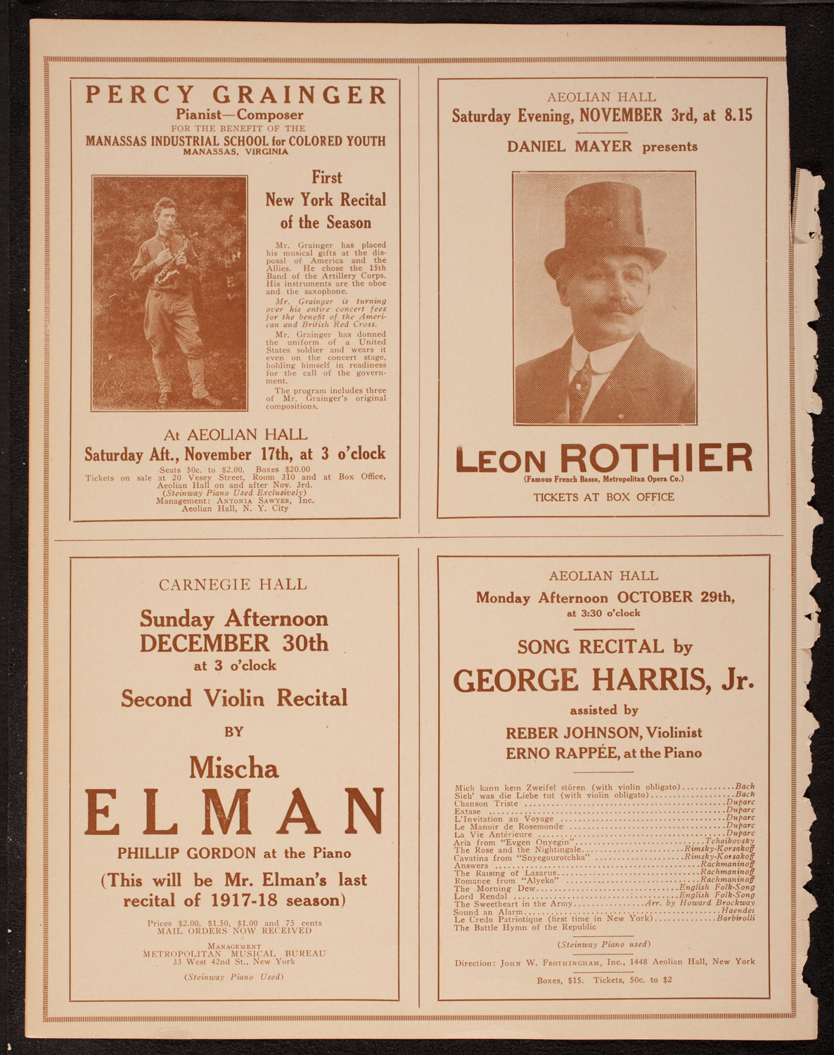 Jascha Heifetz, Violin, October 27, 1917, program page 10