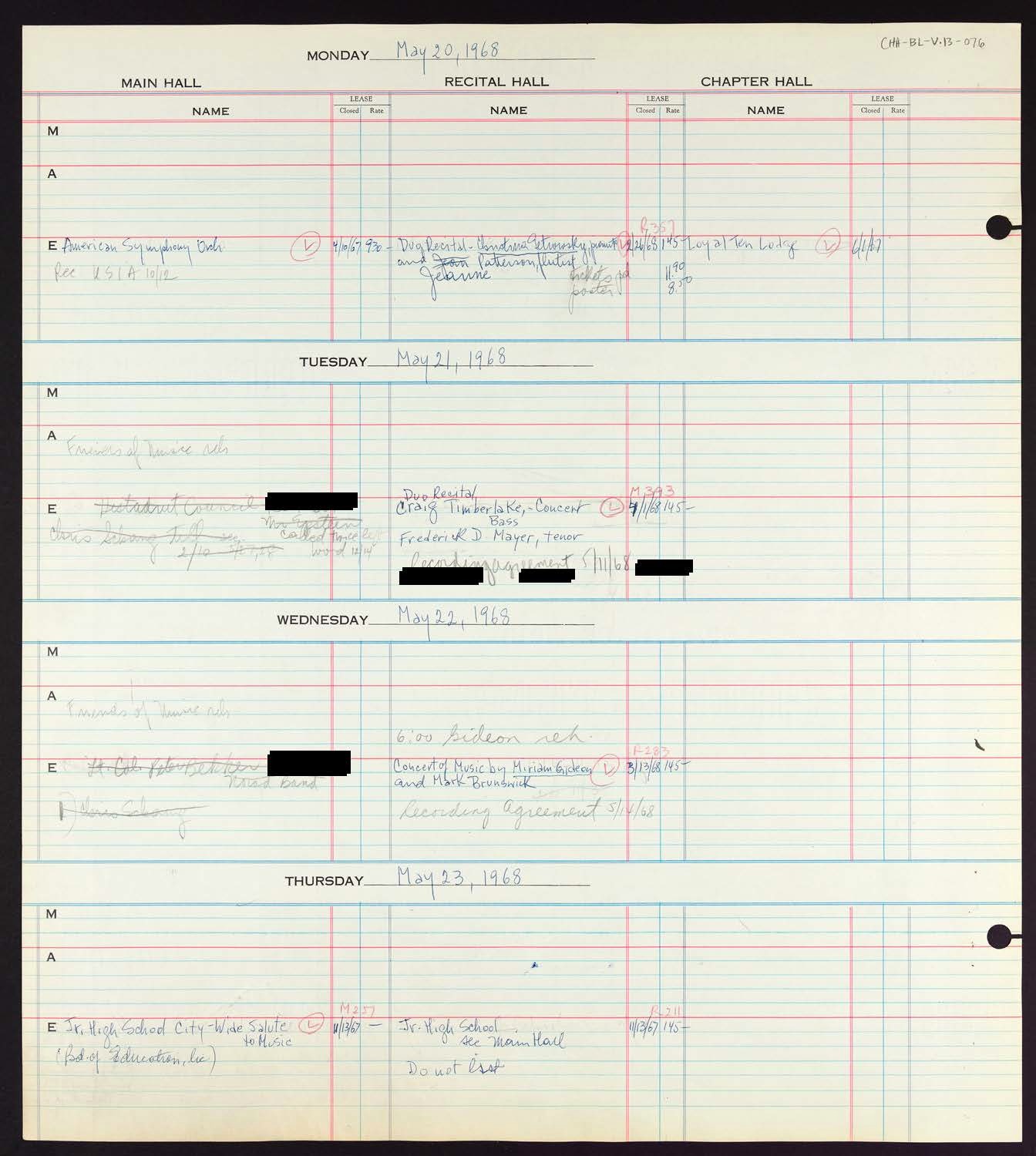 Carnegie Hall Booking Ledger, volume 13, page 76