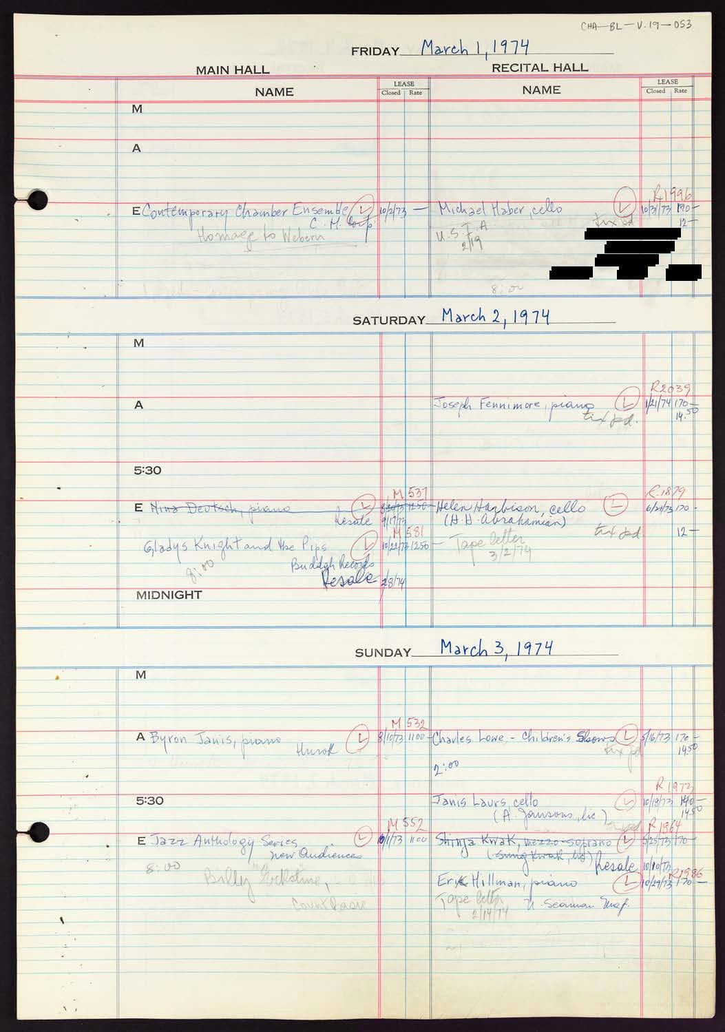 Carnegie Hall Booking Ledger, volume 19, page 53