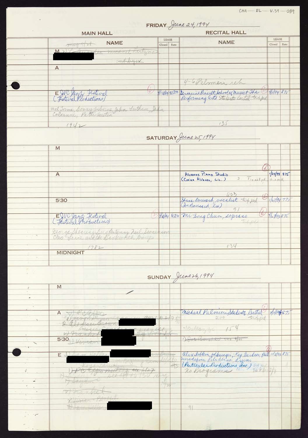 Carnegie Hall Booking Ledger, volume 39, page 89