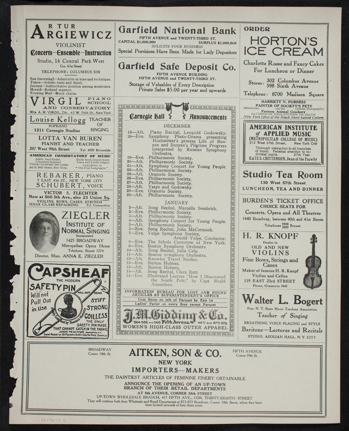 Musical Art Society of New York, December 17, 1912, program page 3