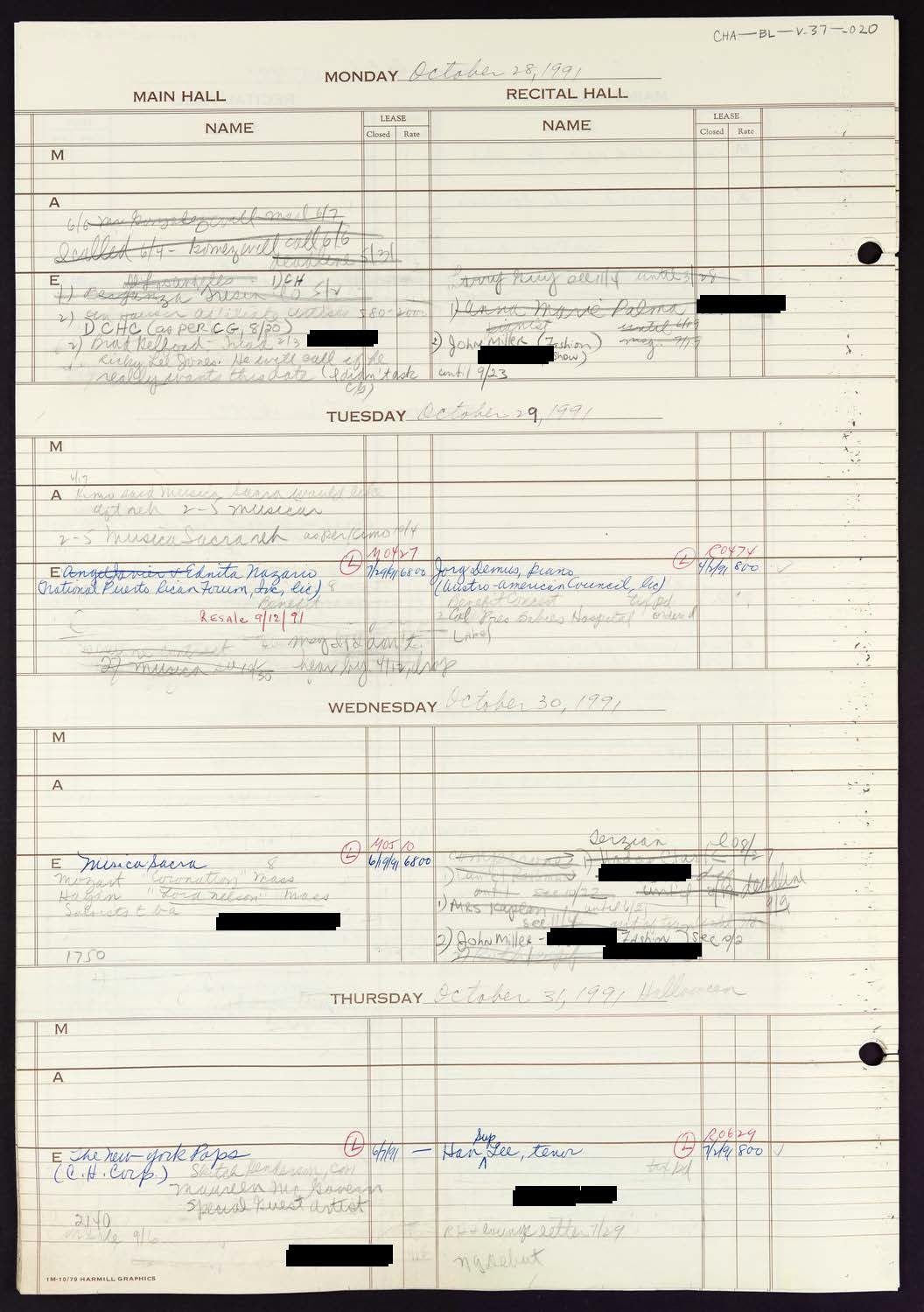 Carnegie Hall Booking Ledger, volume 37, page 20