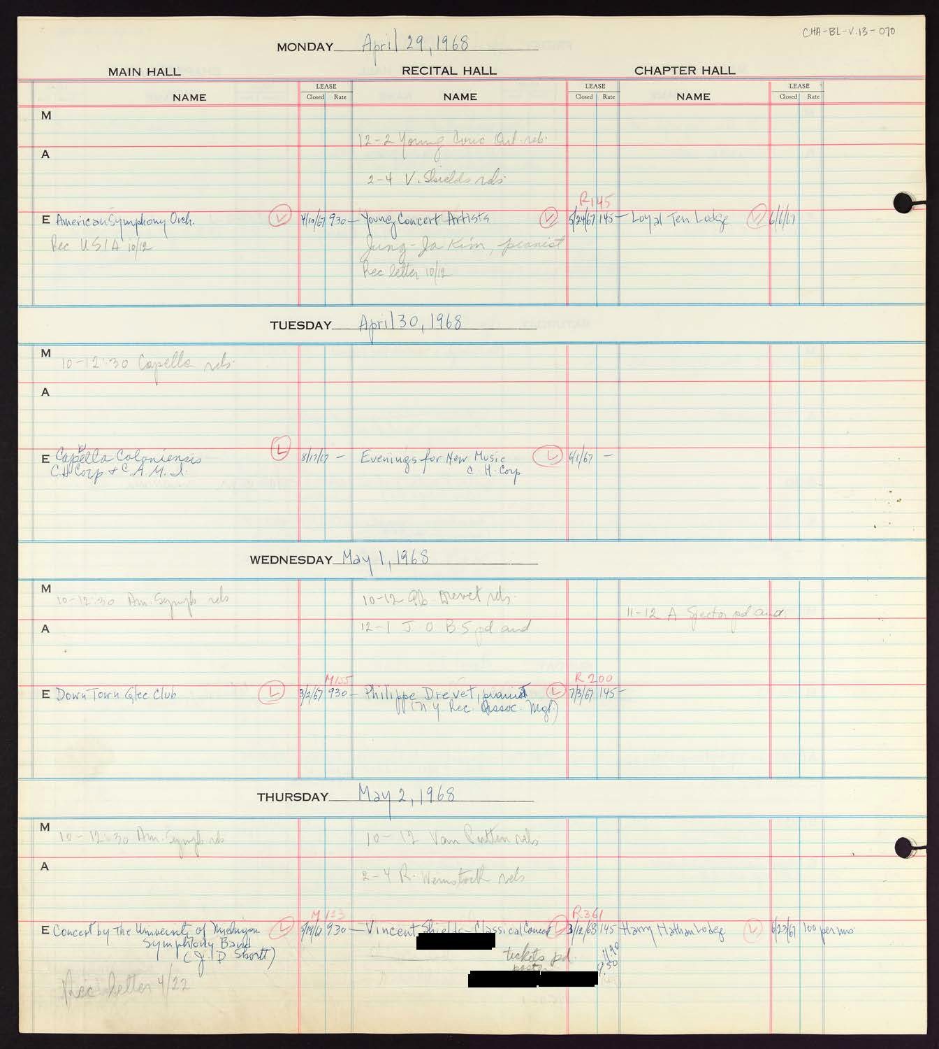 Carnegie Hall Booking Ledger, volume 13, page 70