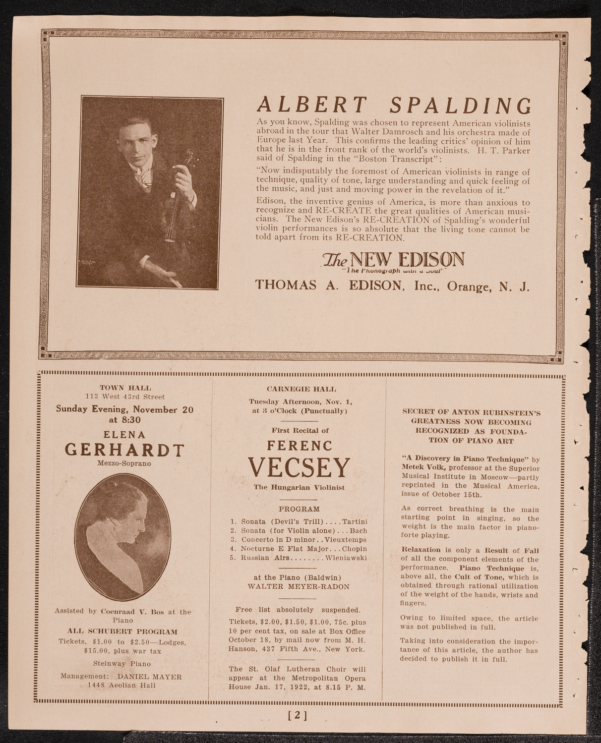Johanna Gadski, Soprano, with the New York Philharmonic, October 30, 1921, program page 2