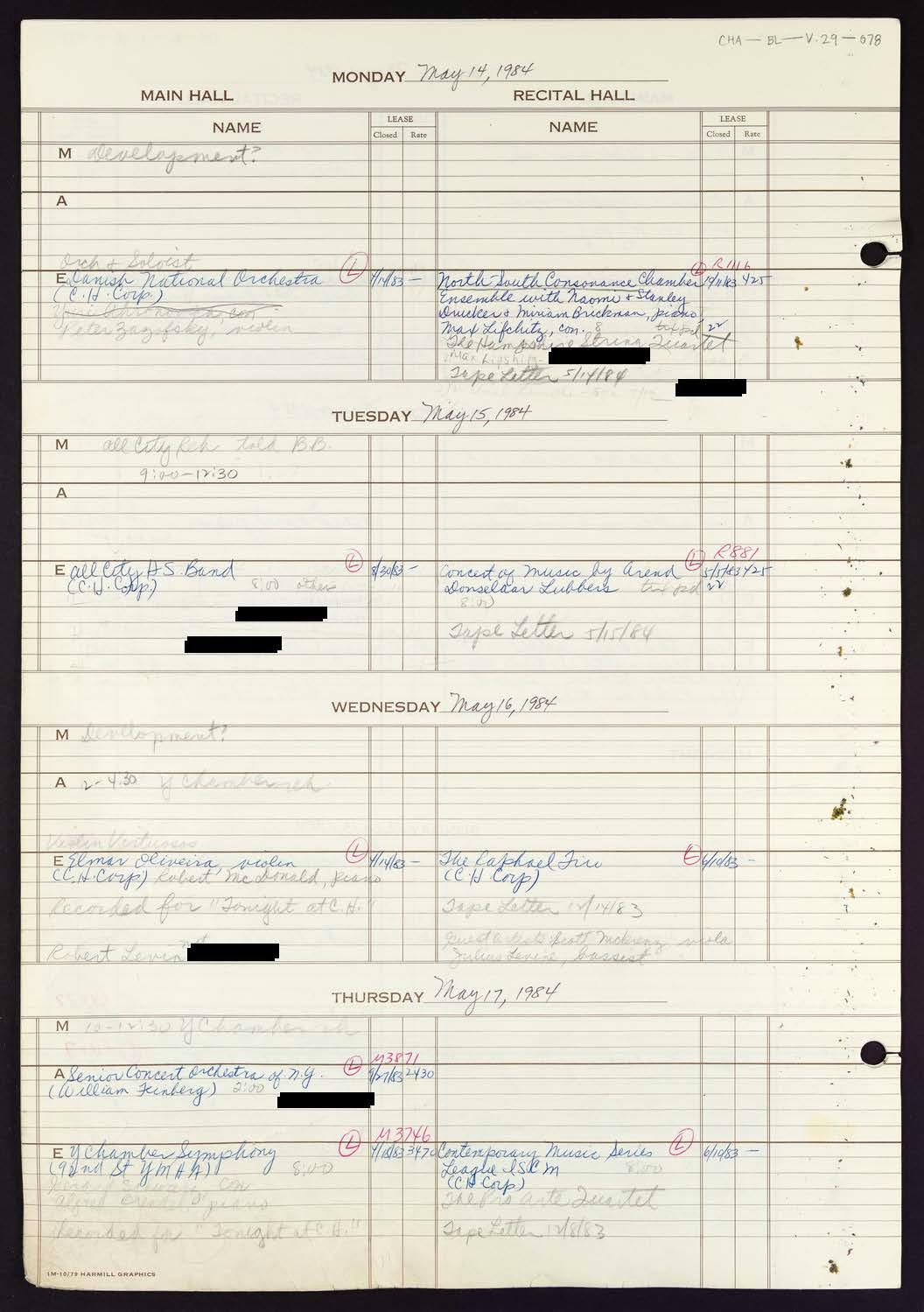 Carnegie Hall Booking Ledger, volume 29, page 78