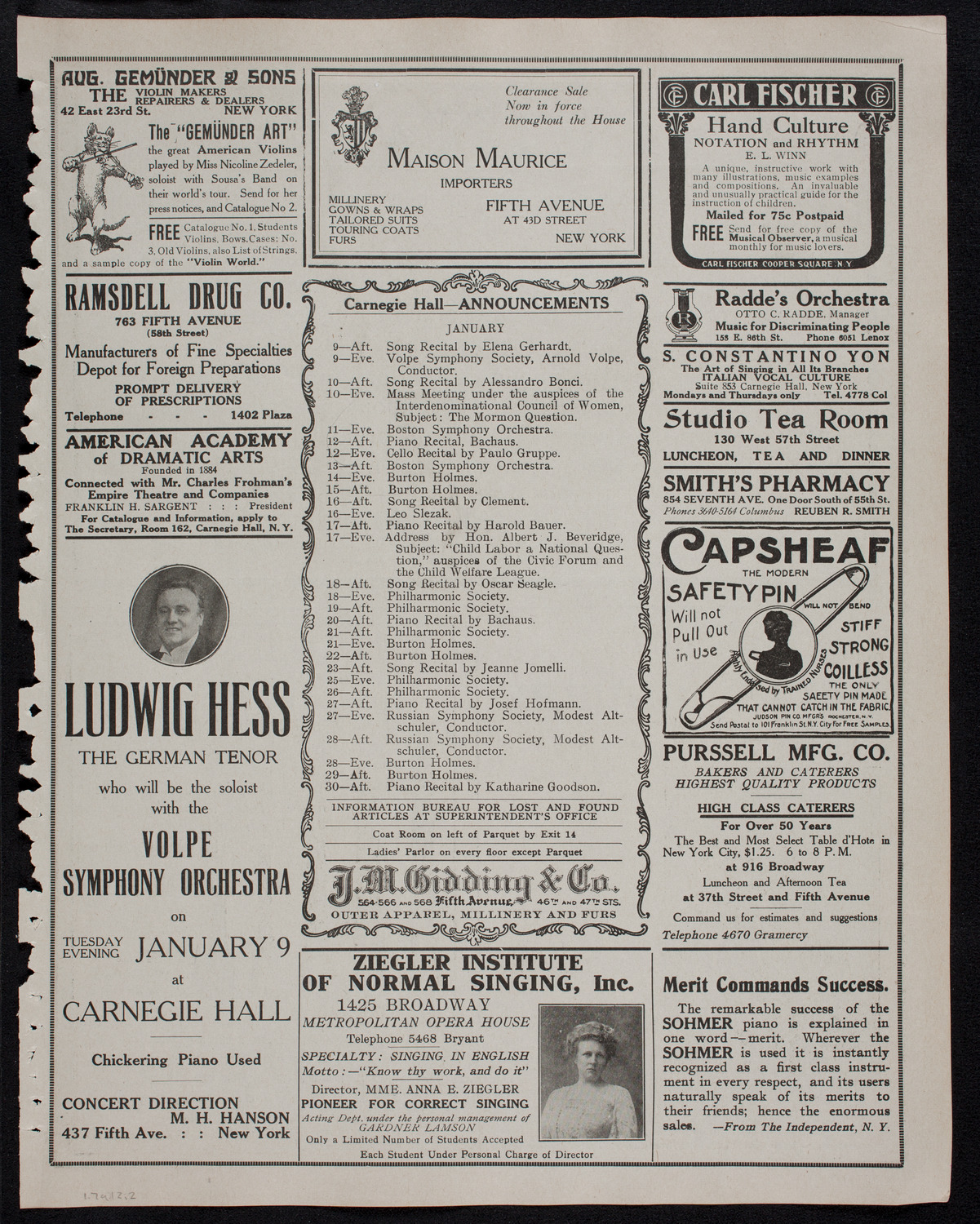 New York Philharmonic, January 7, 1912, program page 3