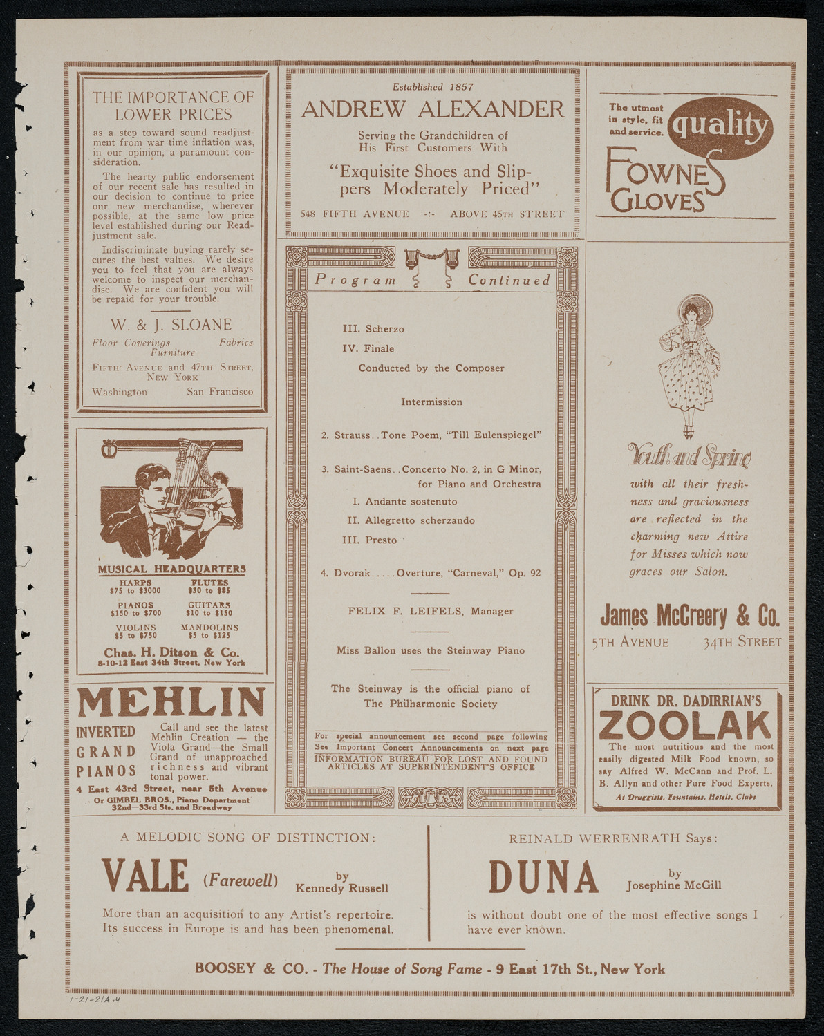 New York Philharmonic, January 21, 1921, program page 7