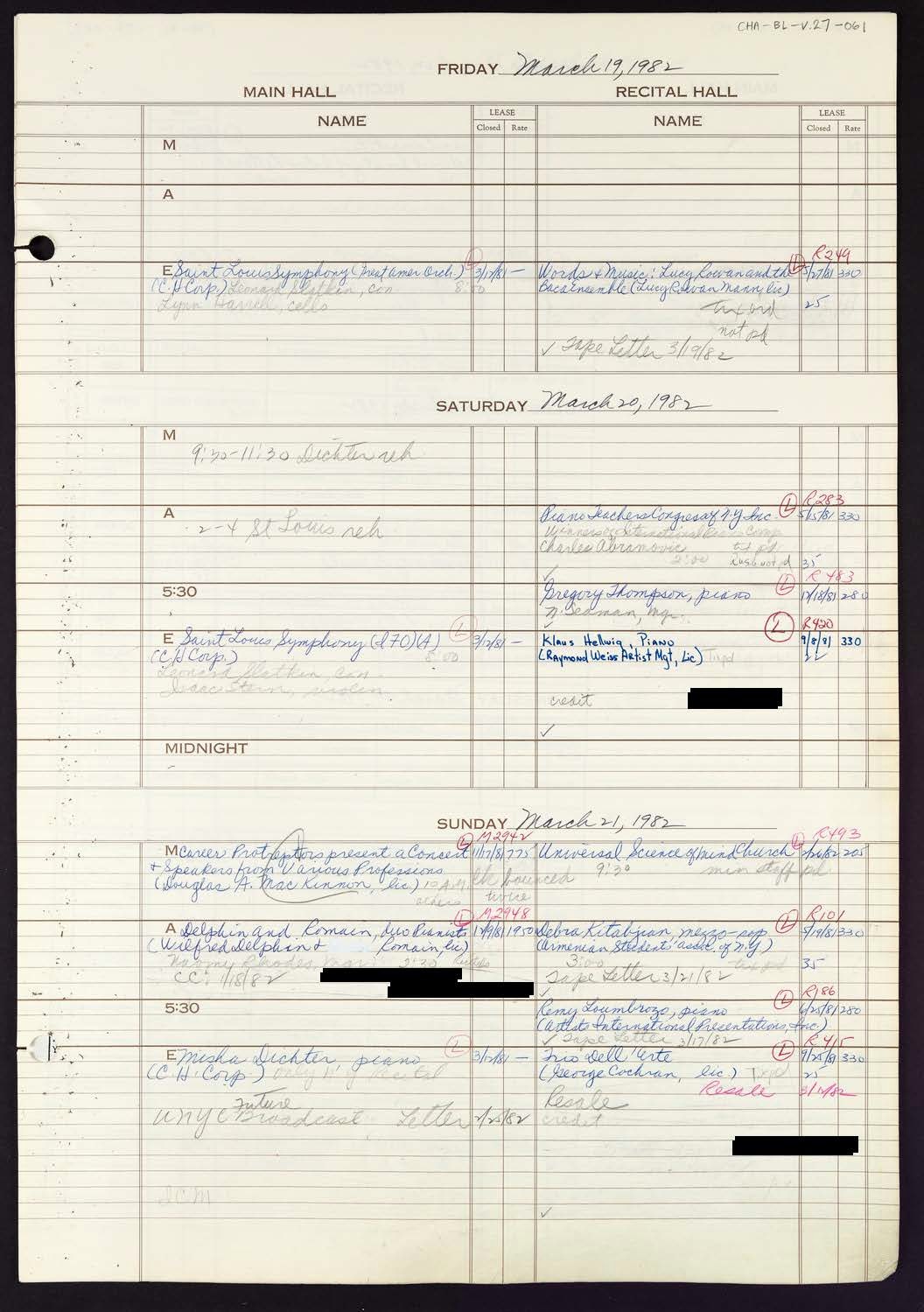 Carnegie Hall Booking Ledger, volume 27, page 61