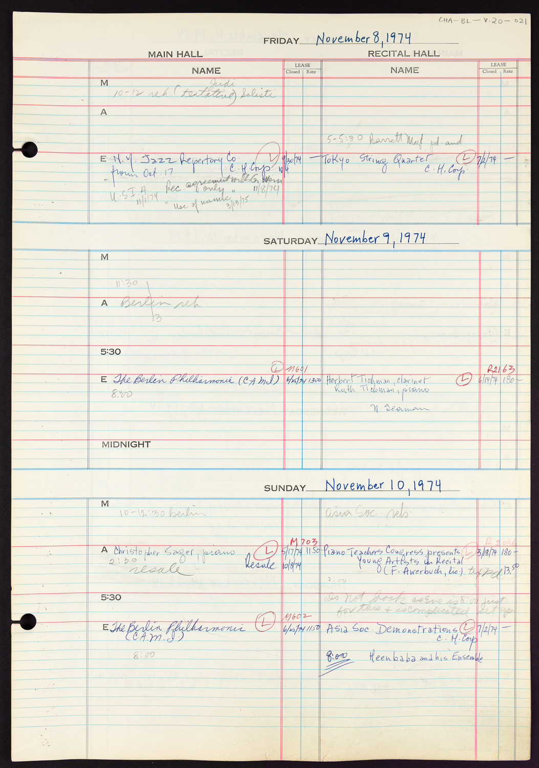 Carnegie Hall Booking Ledger, volume 20, page 21