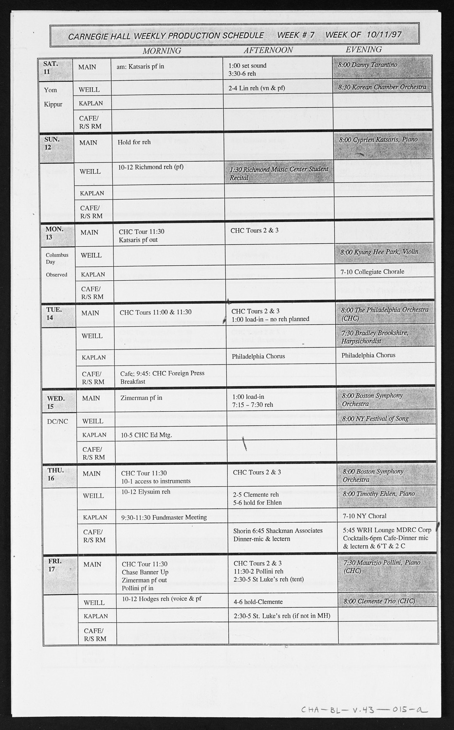 Carnegie Hall Booking Ledger, volume 43, page 15a