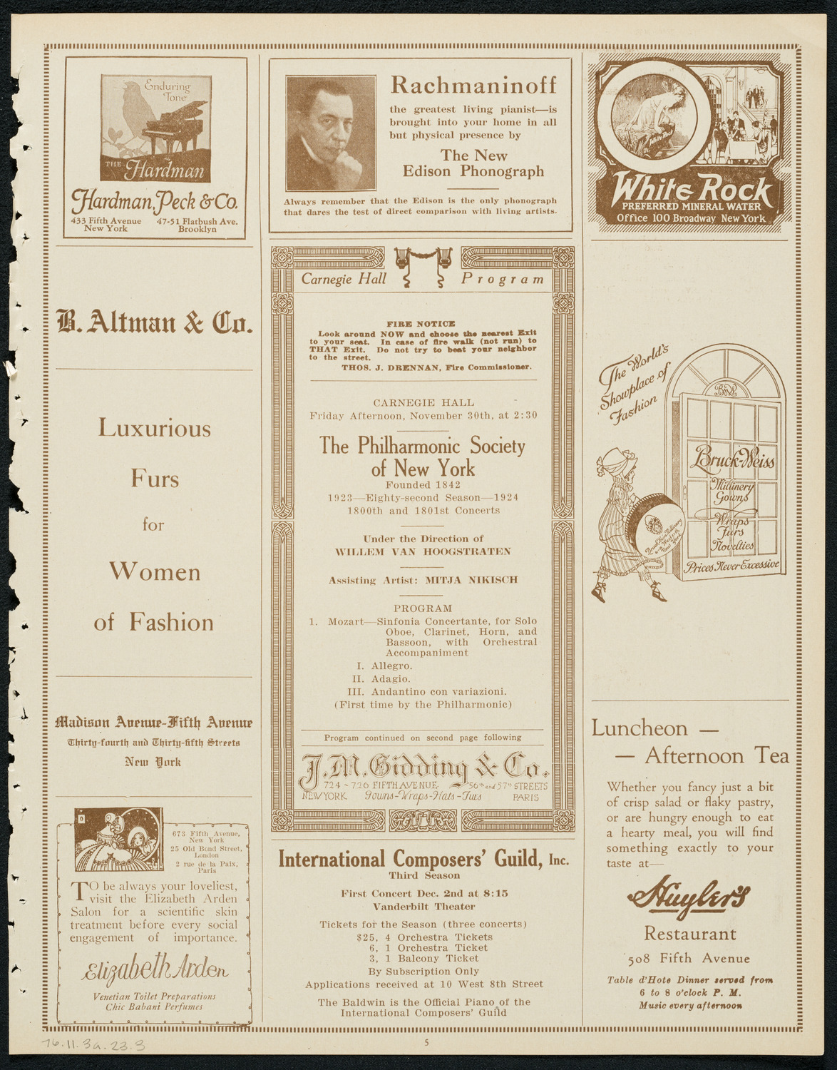 New York Philharmonic, November 30, 1923, program page 5