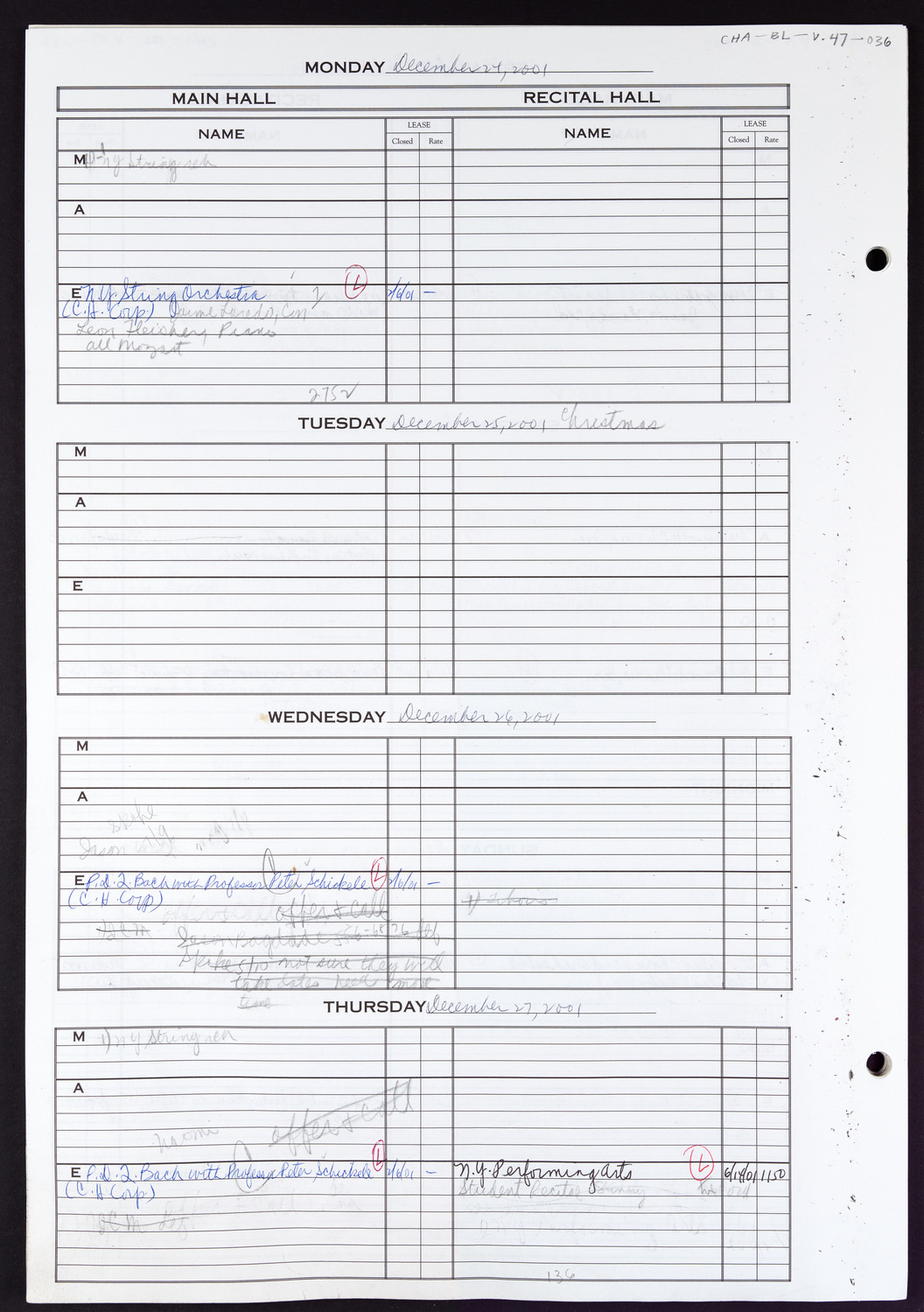 Carnegie Hall Booking Ledger, volume 47, page 36