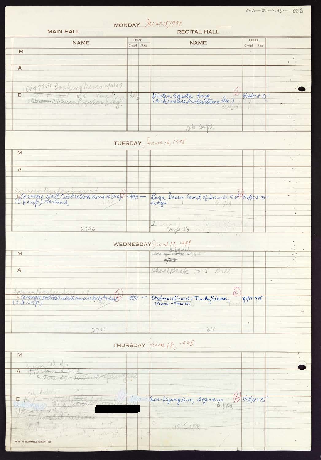 Carnegie Hall Booking Ledger, volume 43, page 86