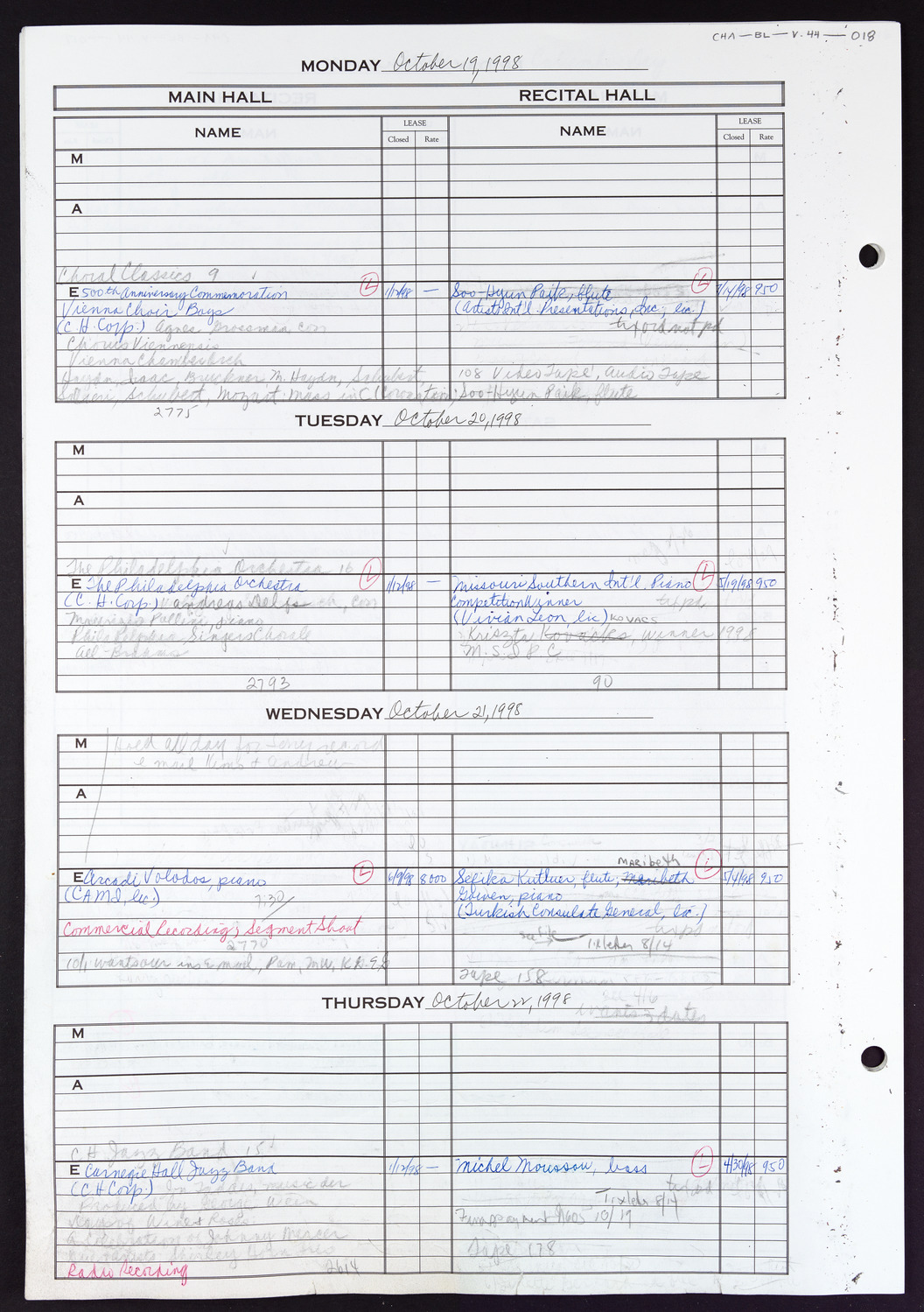 Carnegie Hall Booking Ledger, volume 44, page 18