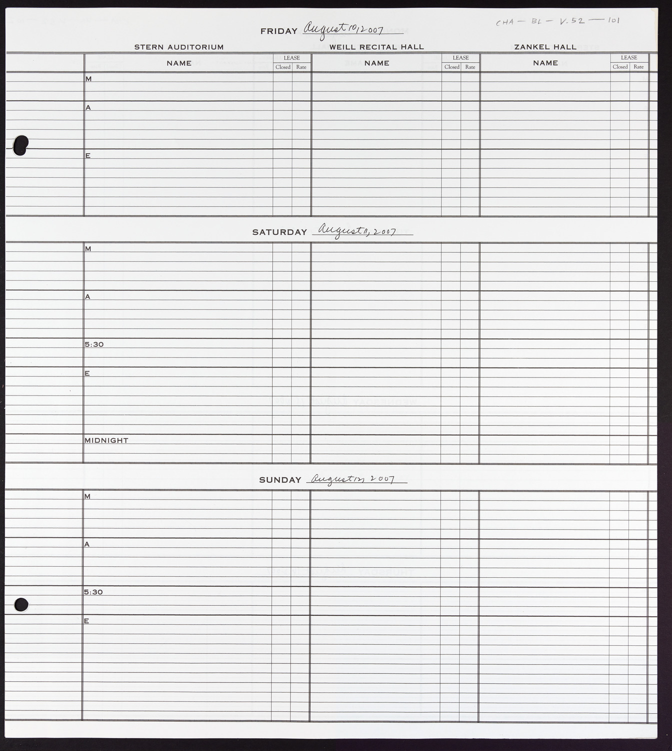 Carnegie Hall Booking Ledger, volume 52, page 101