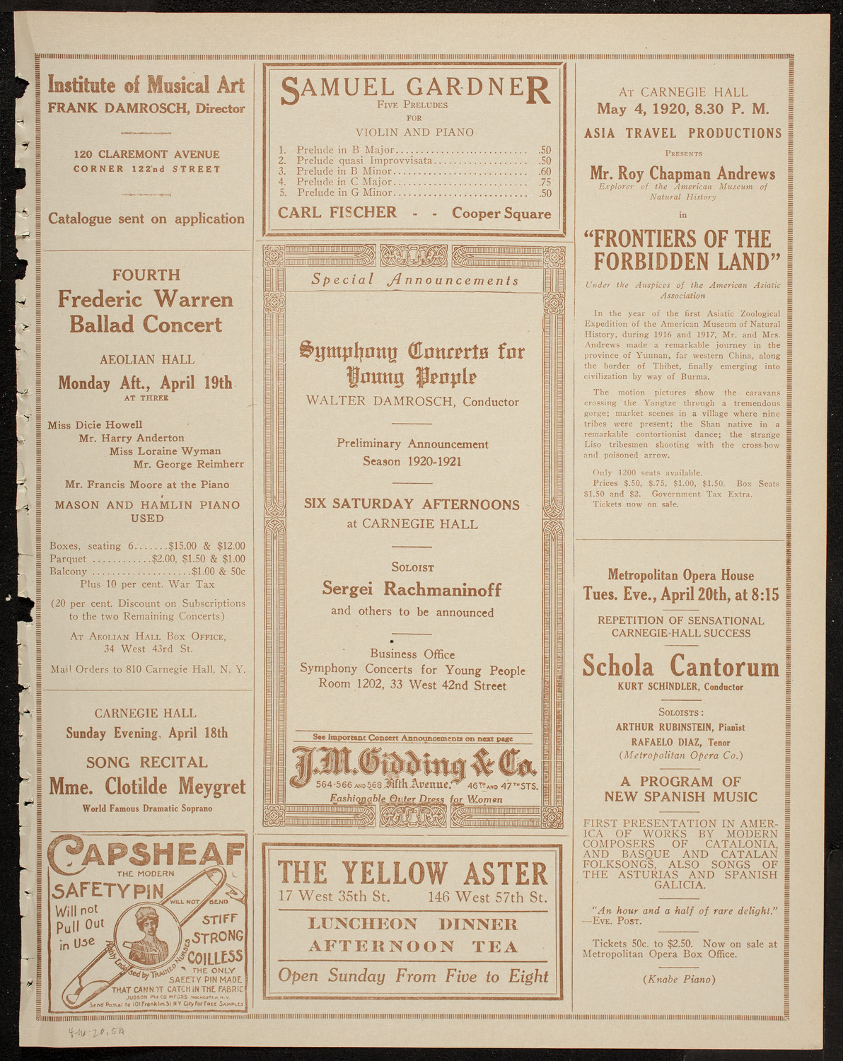 New Symphony Orchestra, April 16, 1920, program page 9