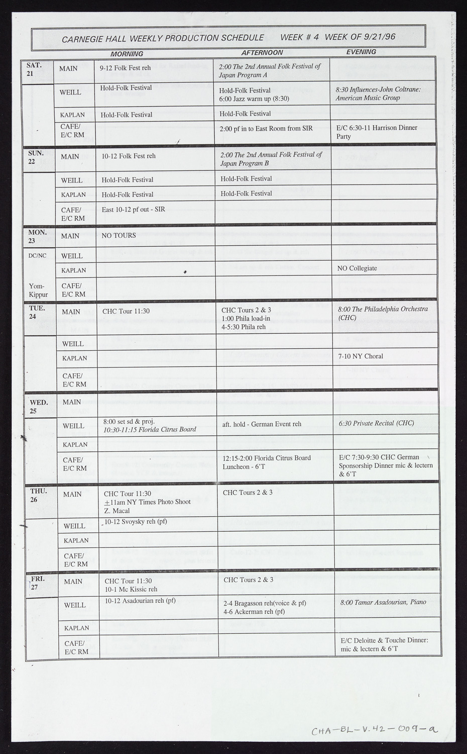 Carnegie Hall Booking Ledger, volume 42, page 9a