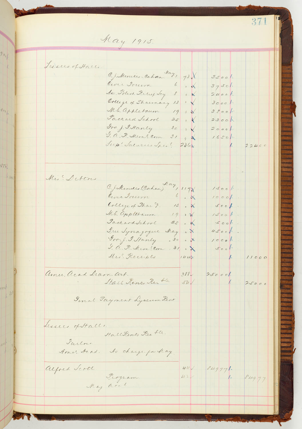 Music Hall Accounting Ledger Journal, volume 7, page 371