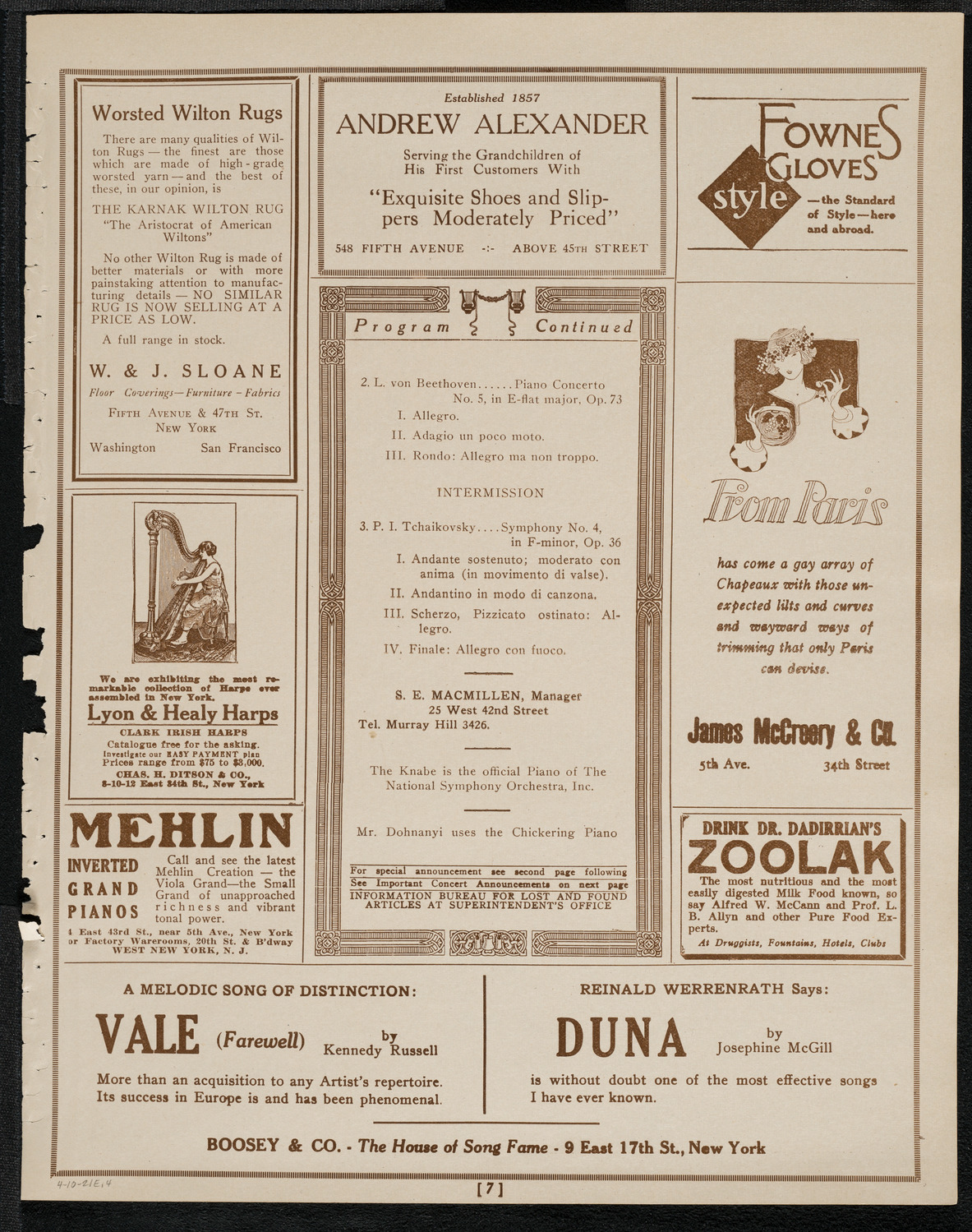 National Symphony Orchestra, April 10, 1921, program page 7