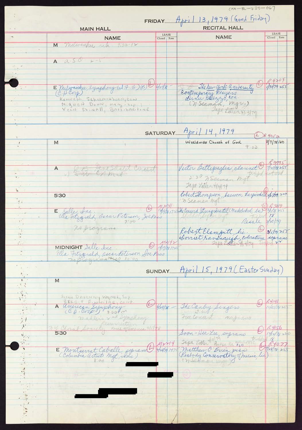 Carnegie Hall Booking Ledger, volume 24, page 67