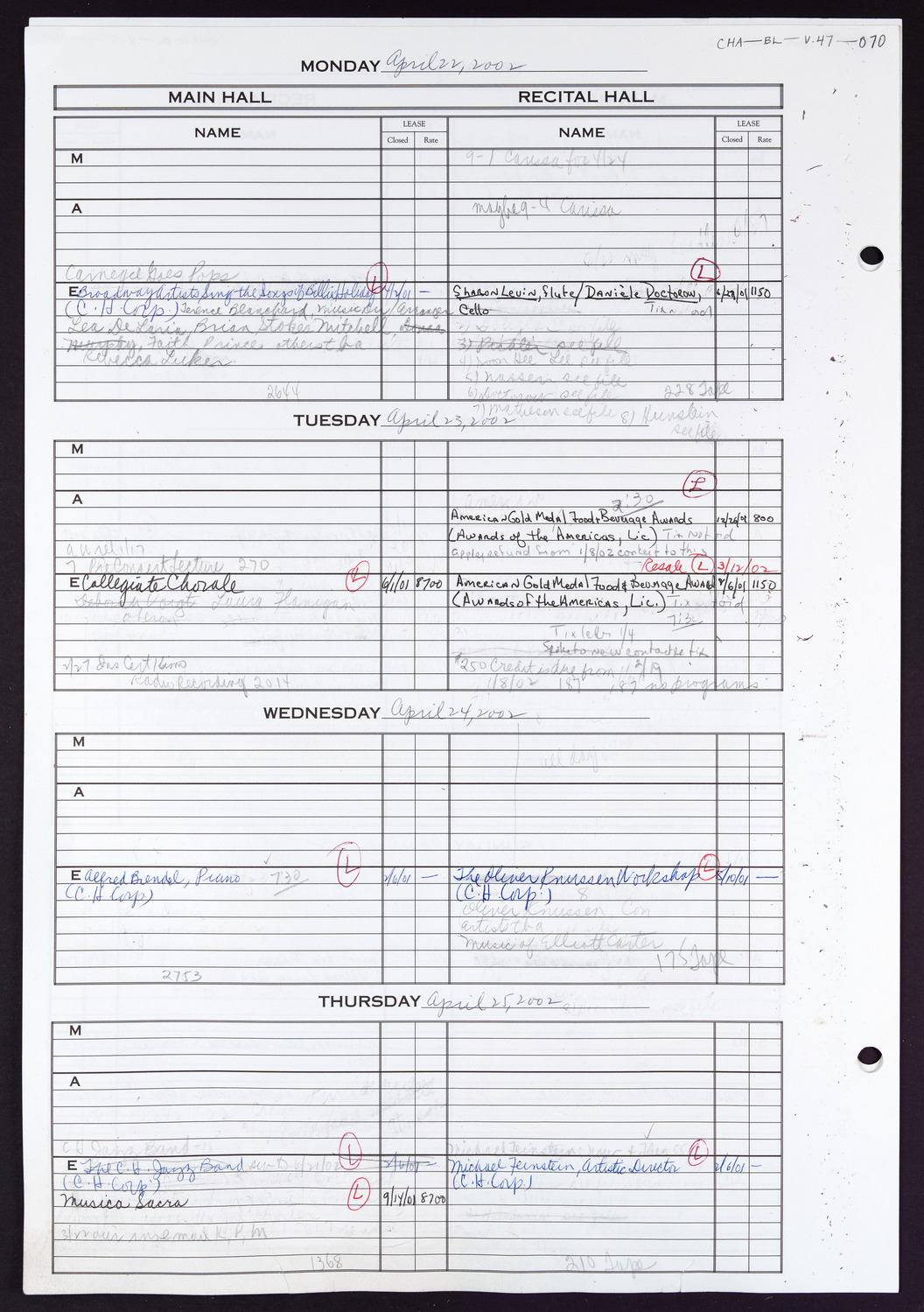 Carnegie Hall Booking Ledger, volume 47, page 70