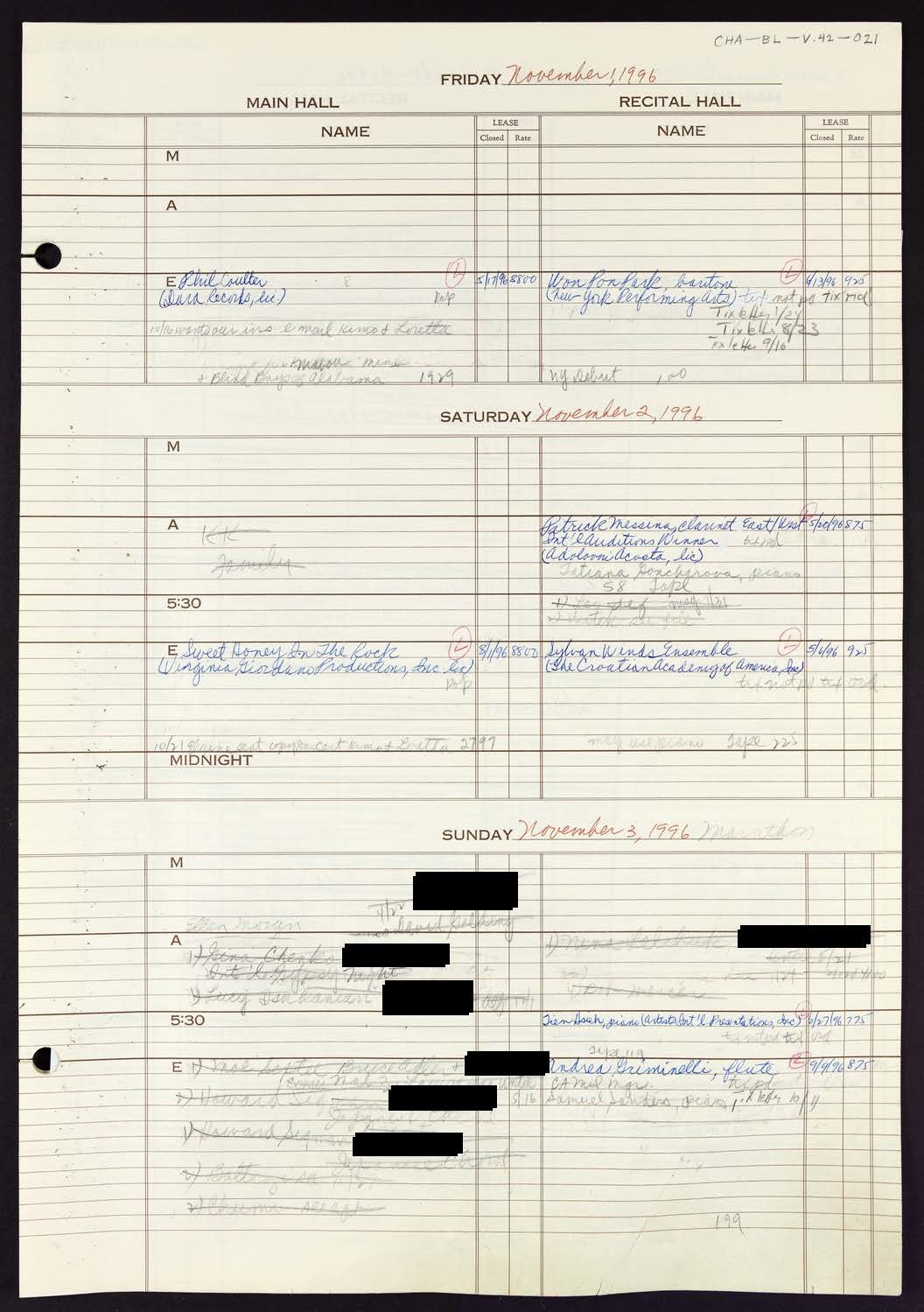 Carnegie Hall Booking Ledger, volume 42, page 21