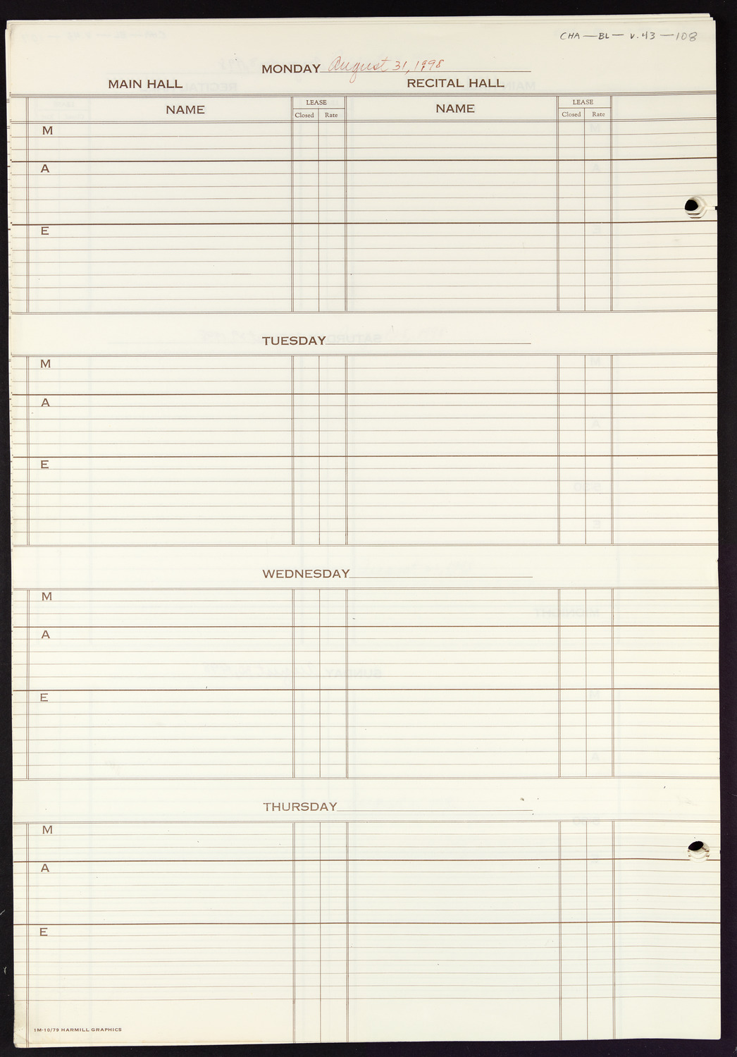 Carnegie Hall Booking Ledger, volume 43, page 108