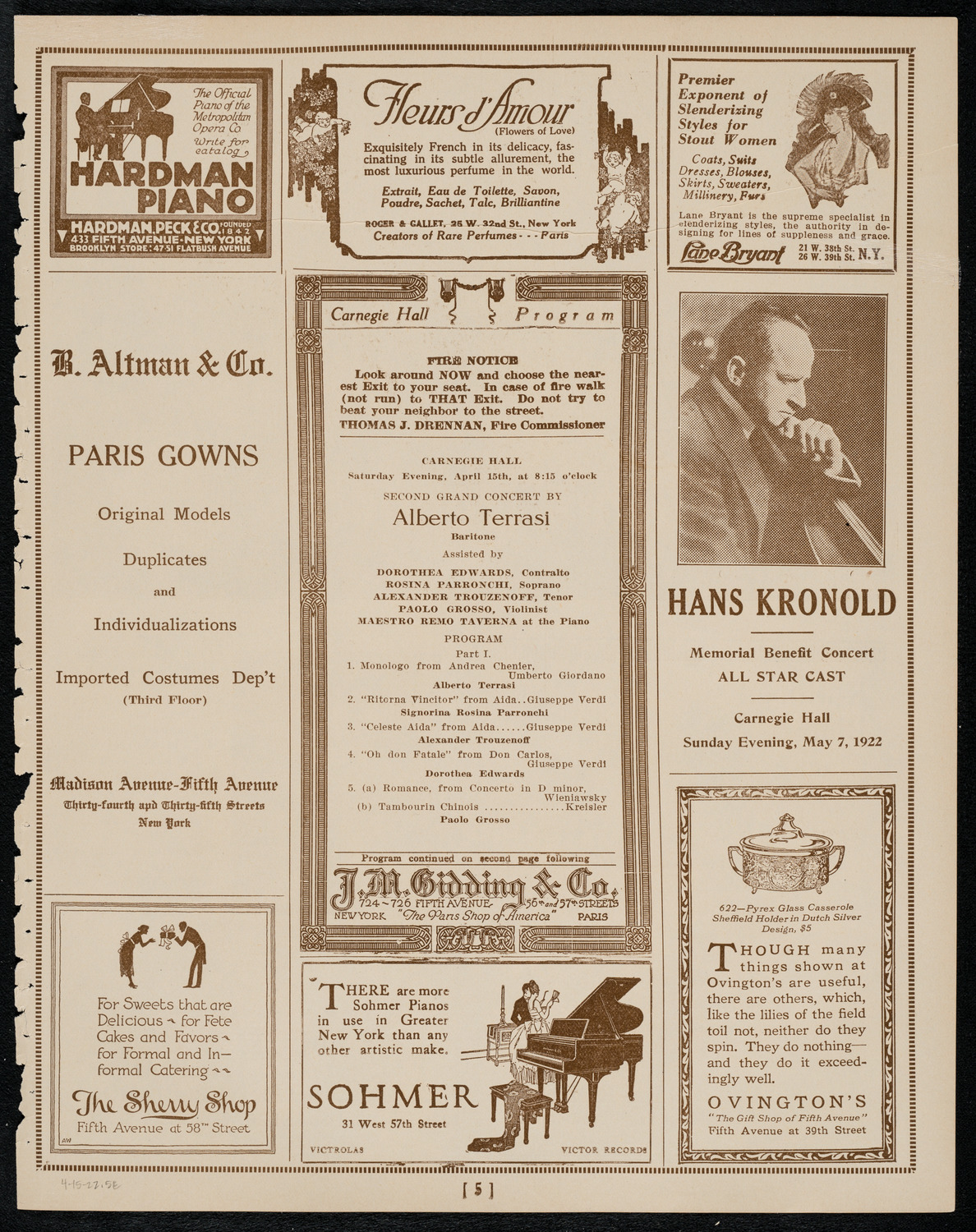 Alberto Terrasi, Baritone, April 15, 1922, program page 5