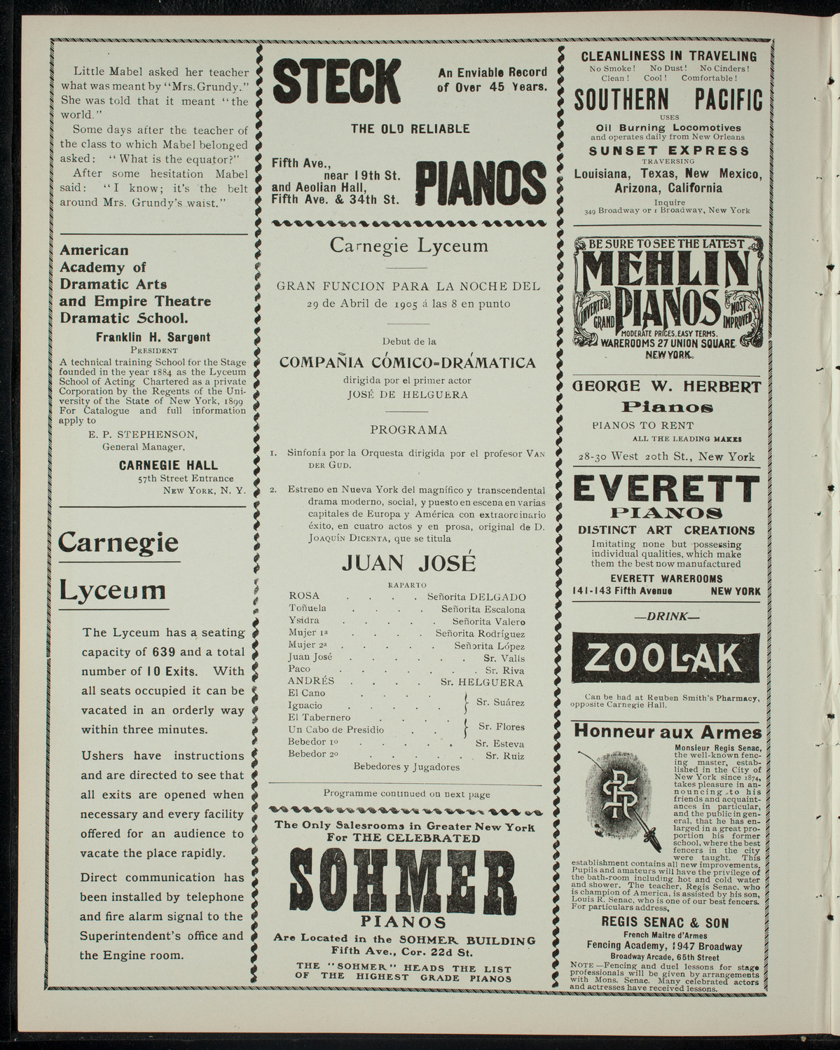 Compaña Cómico-Drámatica, April 29, 1905, program page 2