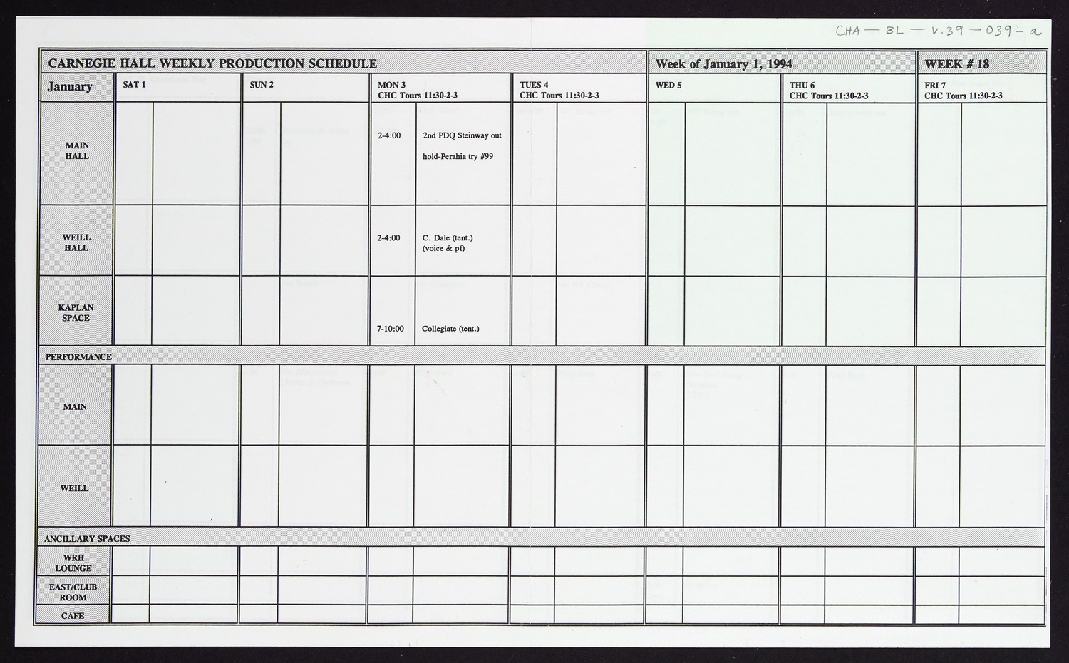 Carnegie Hall Booking Ledger, volume 39, page 39a