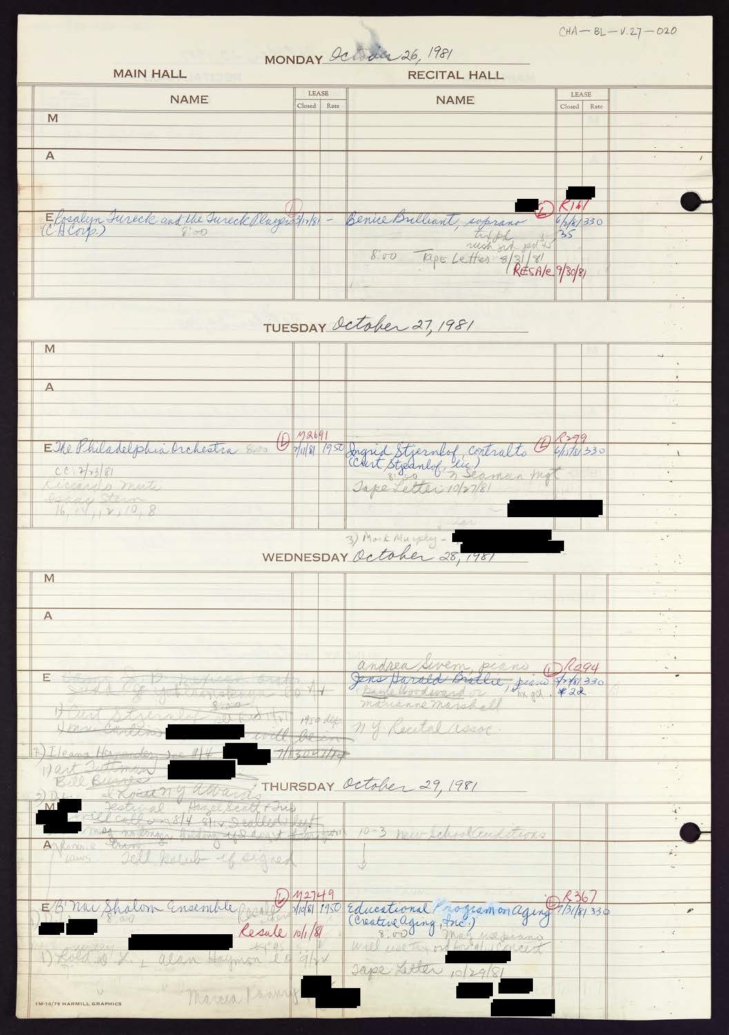 Carnegie Hall Booking Ledger, volume 27, page 20