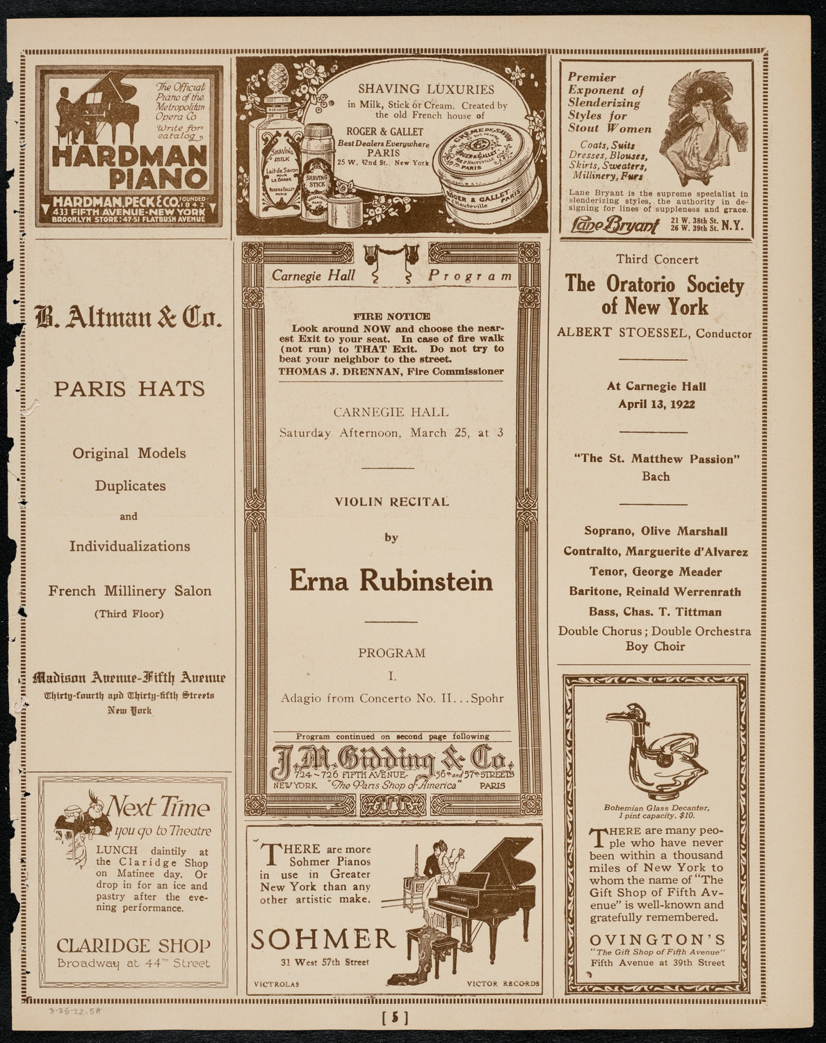 Erna Rubinstein, Violin, March 25, 1922, program page 5
