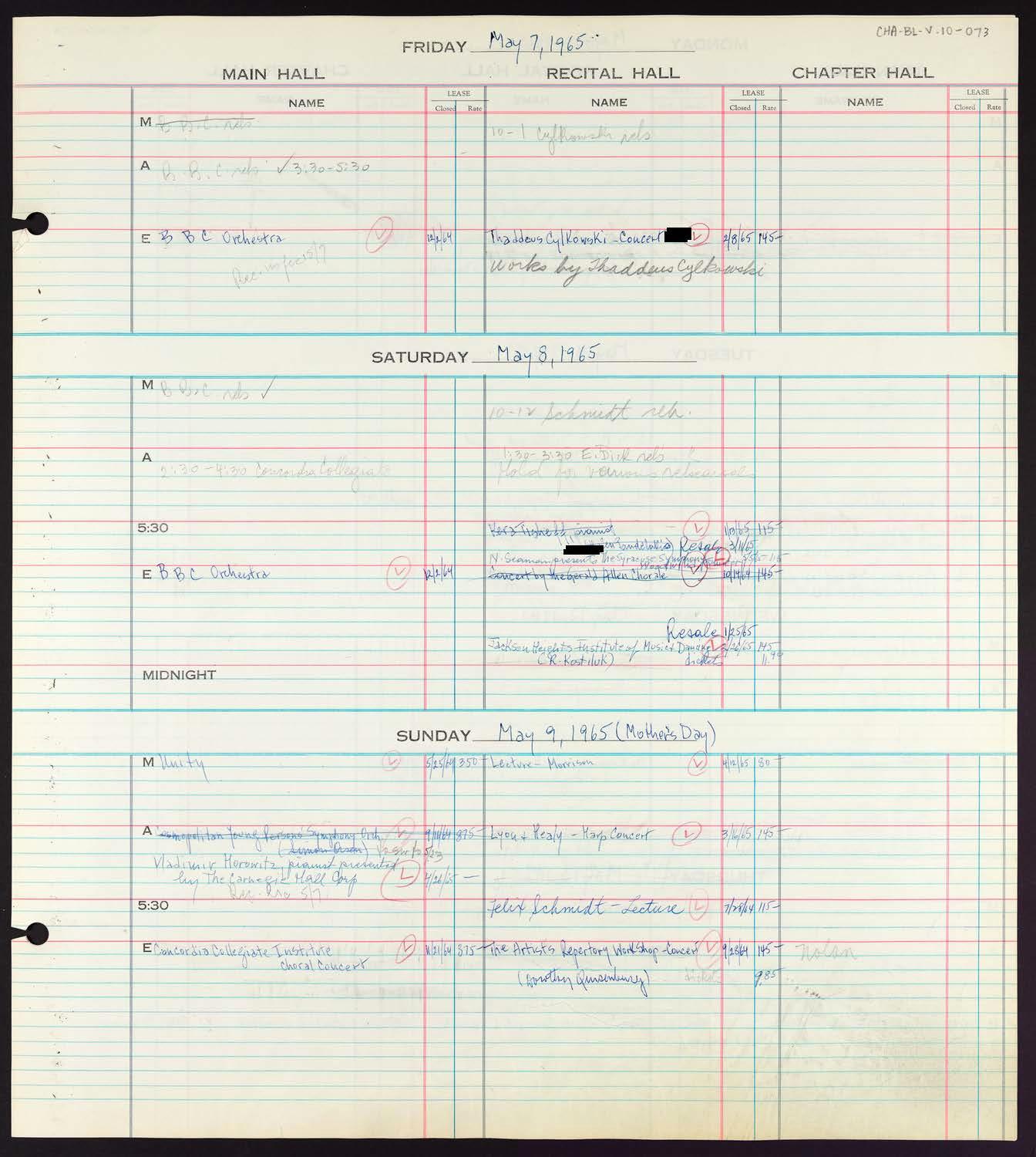 Carnegie Hall Booking Ledger, volume 10, page 73