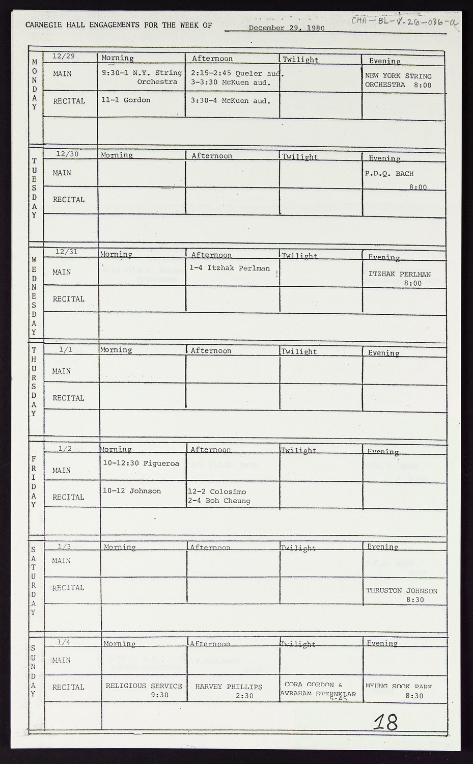 Carnegie Hall Booking Ledger, volume 26, page 36a