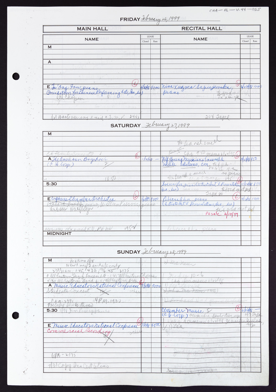 Carnegie Hall Booking Ledger, volume 44, page 55