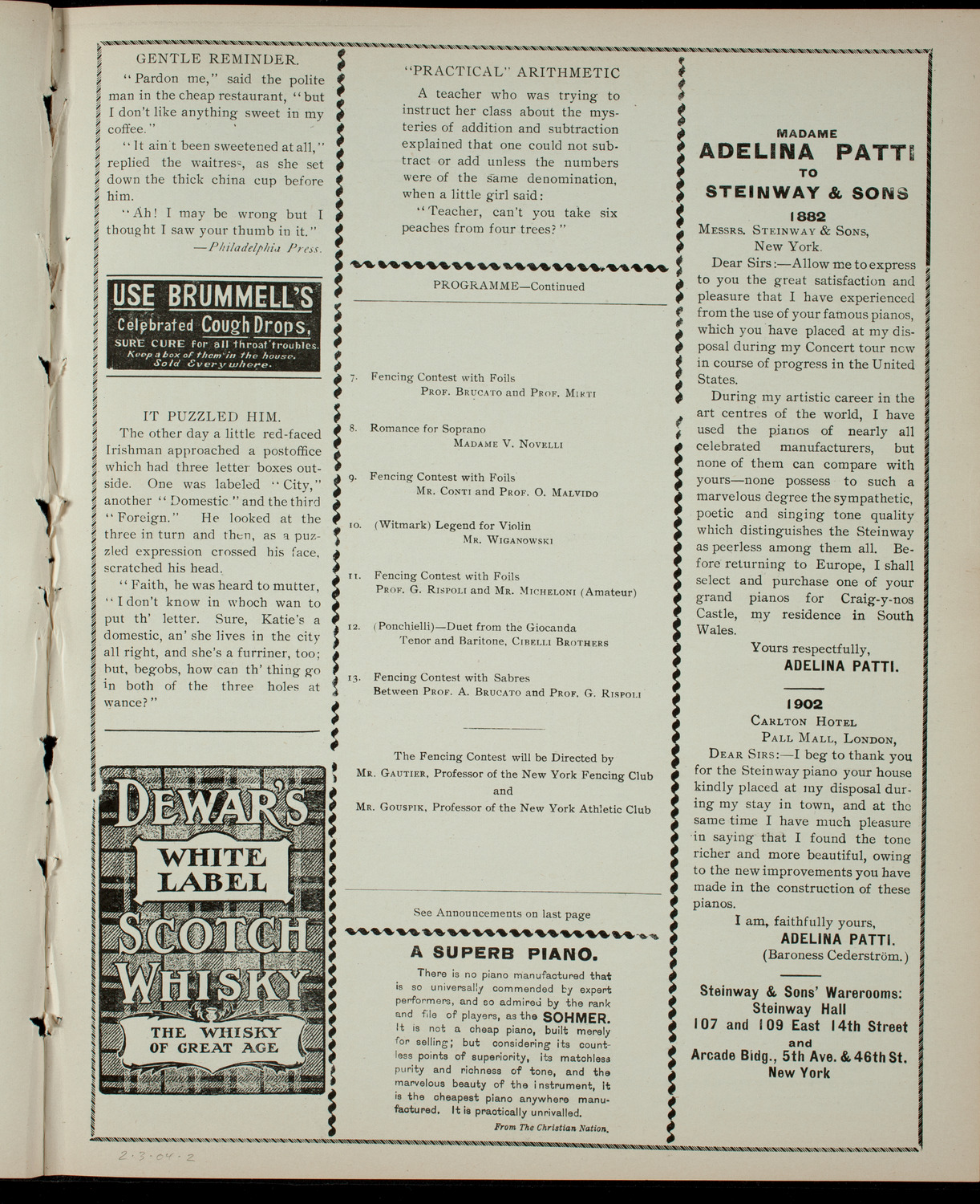 Brucato-Rispoli Fencing Competition and Musical Concert, February 3, 1904, program page 3