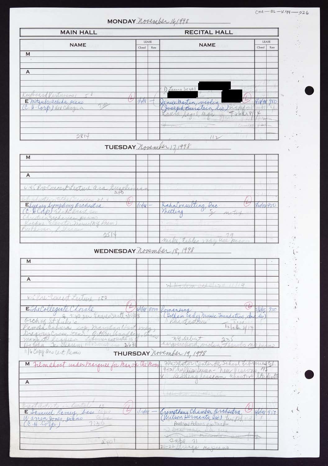 Carnegie Hall Booking Ledger, volume 44, page 26