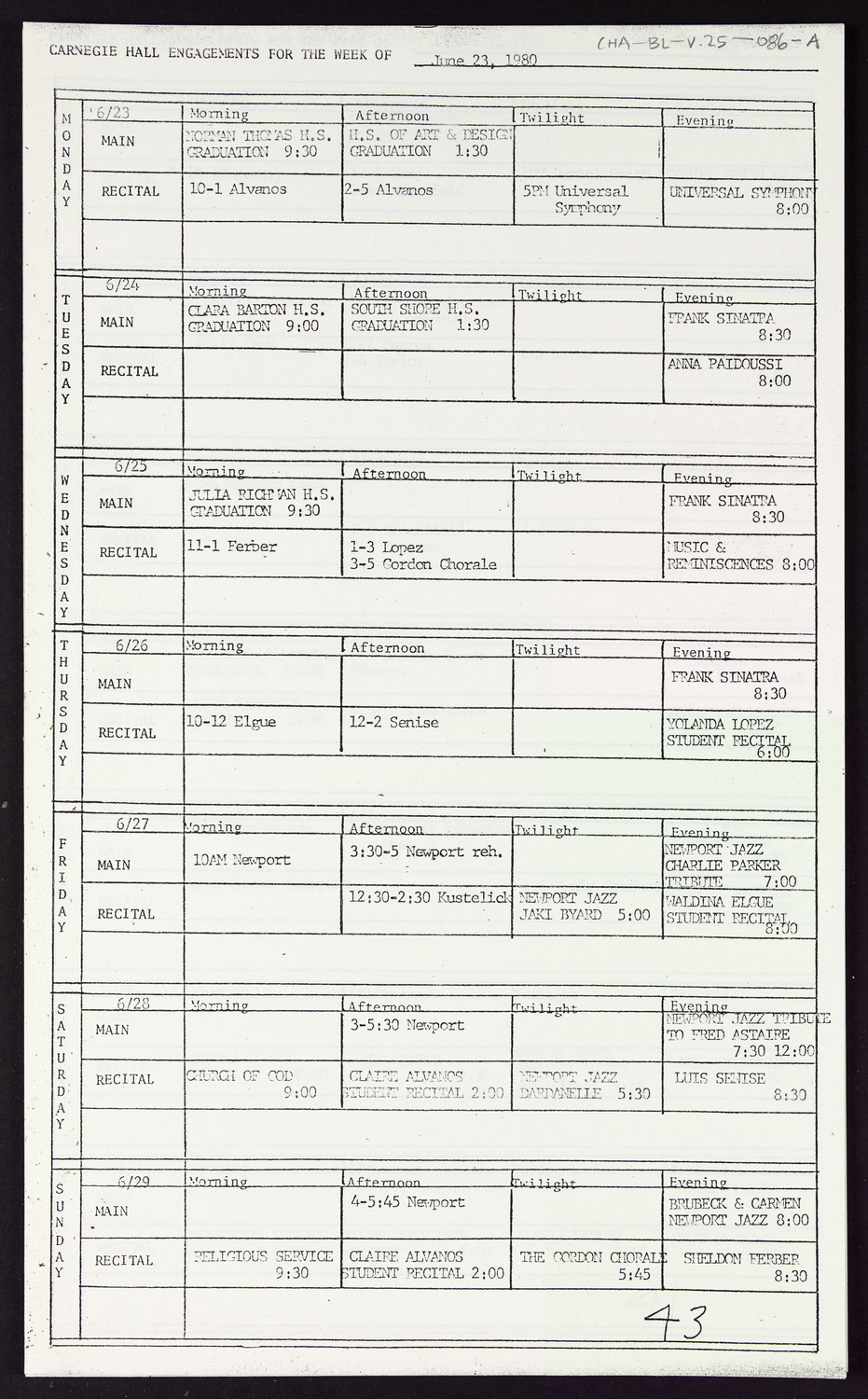 Carnegie Hall Booking Ledger, volume 25, page 86a