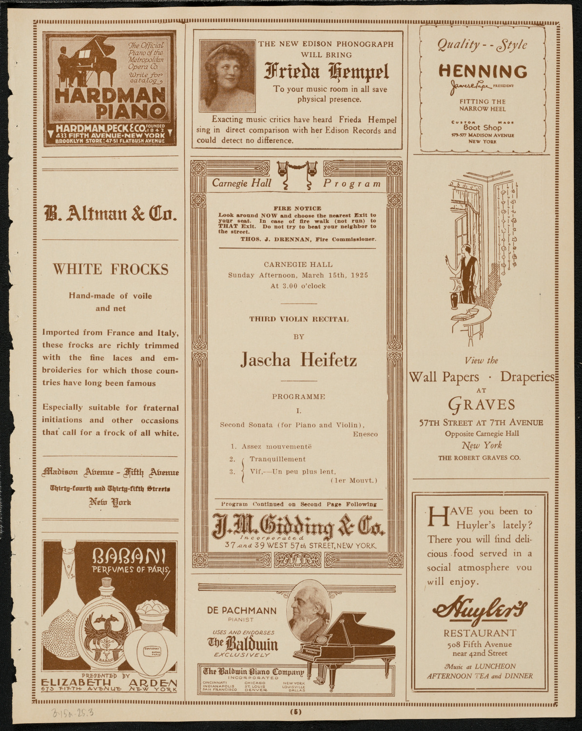 Jascha Heifetz, Violin, March 15, 1925, program page 5