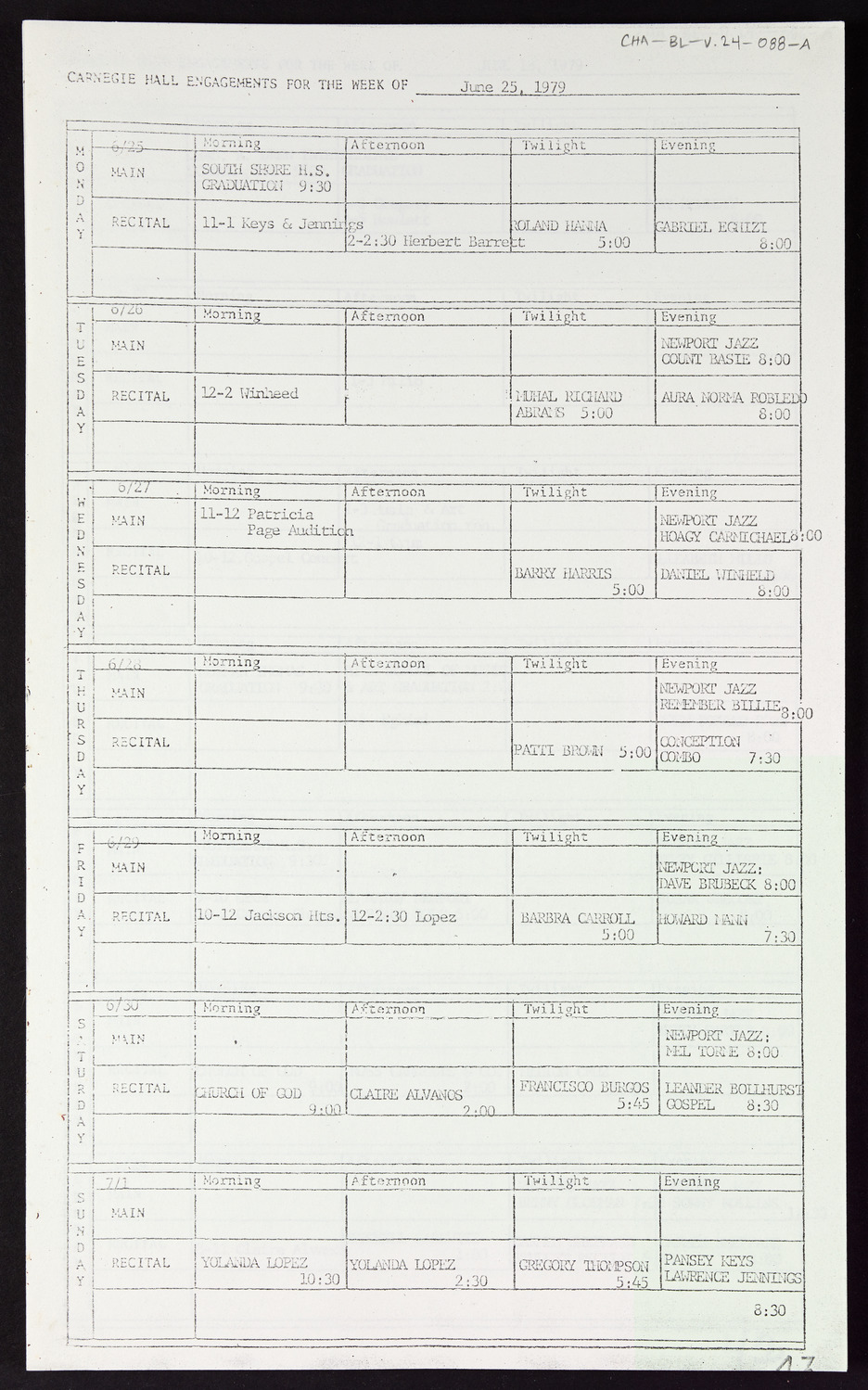 Carnegie Hall Booking Ledger, volume 24, page 88a