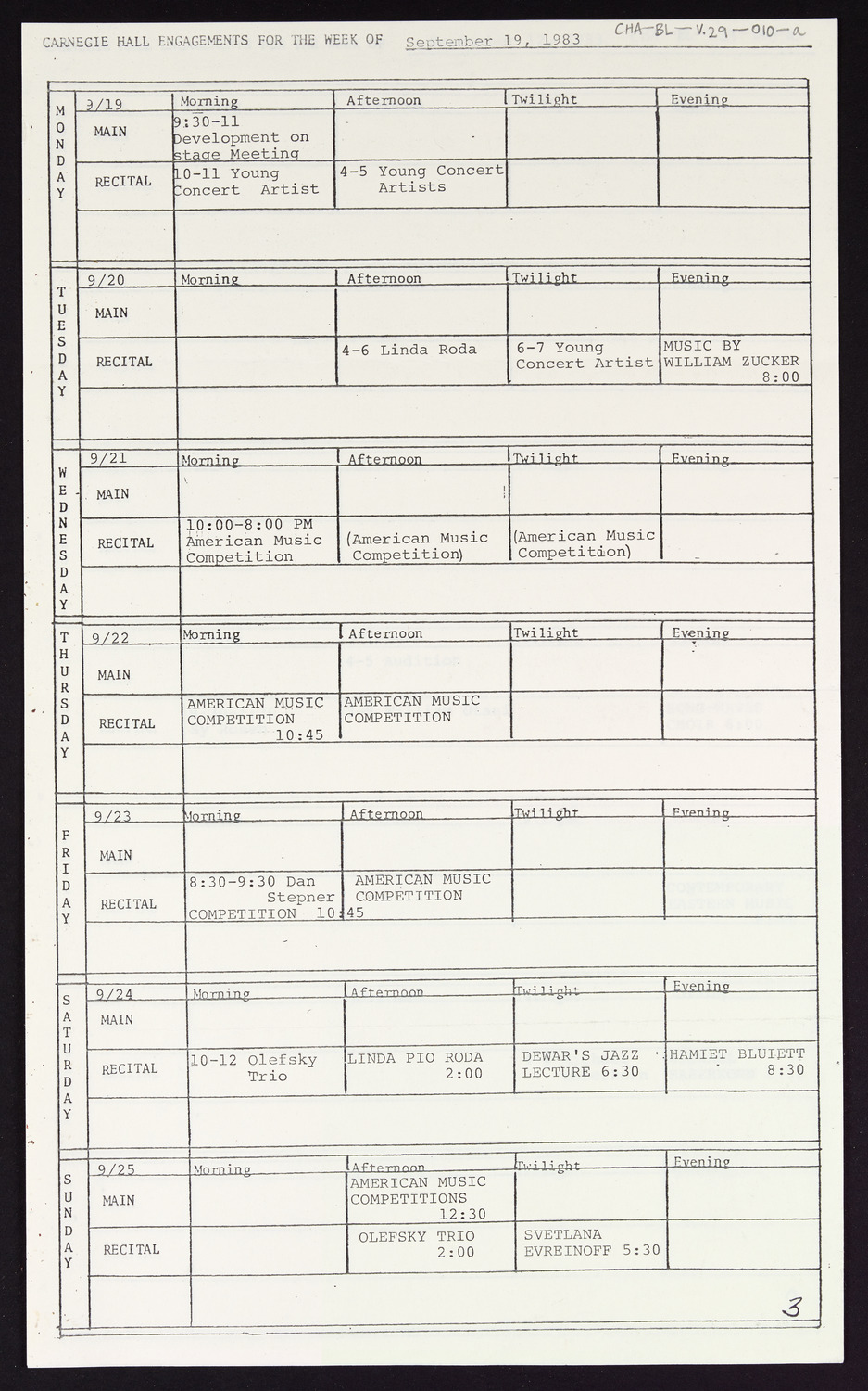 Carnegie Hall Booking Ledger, volume 29, page 10a