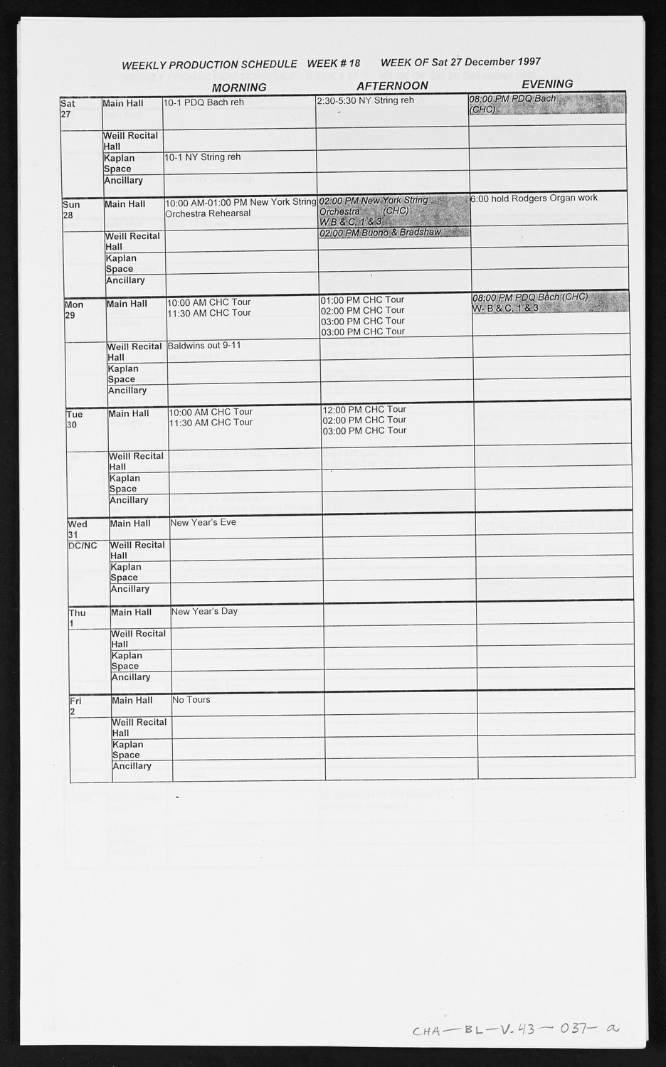 Carnegie Hall Booking Ledger, volume 43, page 37a