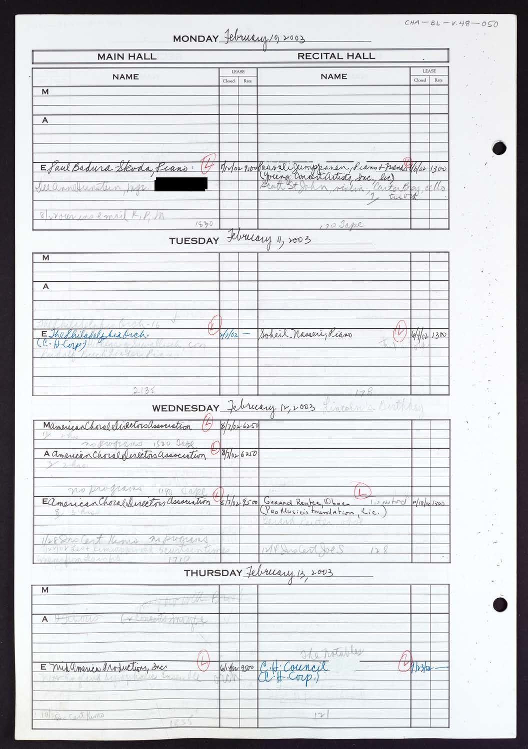 Carnegie Hall Booking Ledger, volume 48, page 50