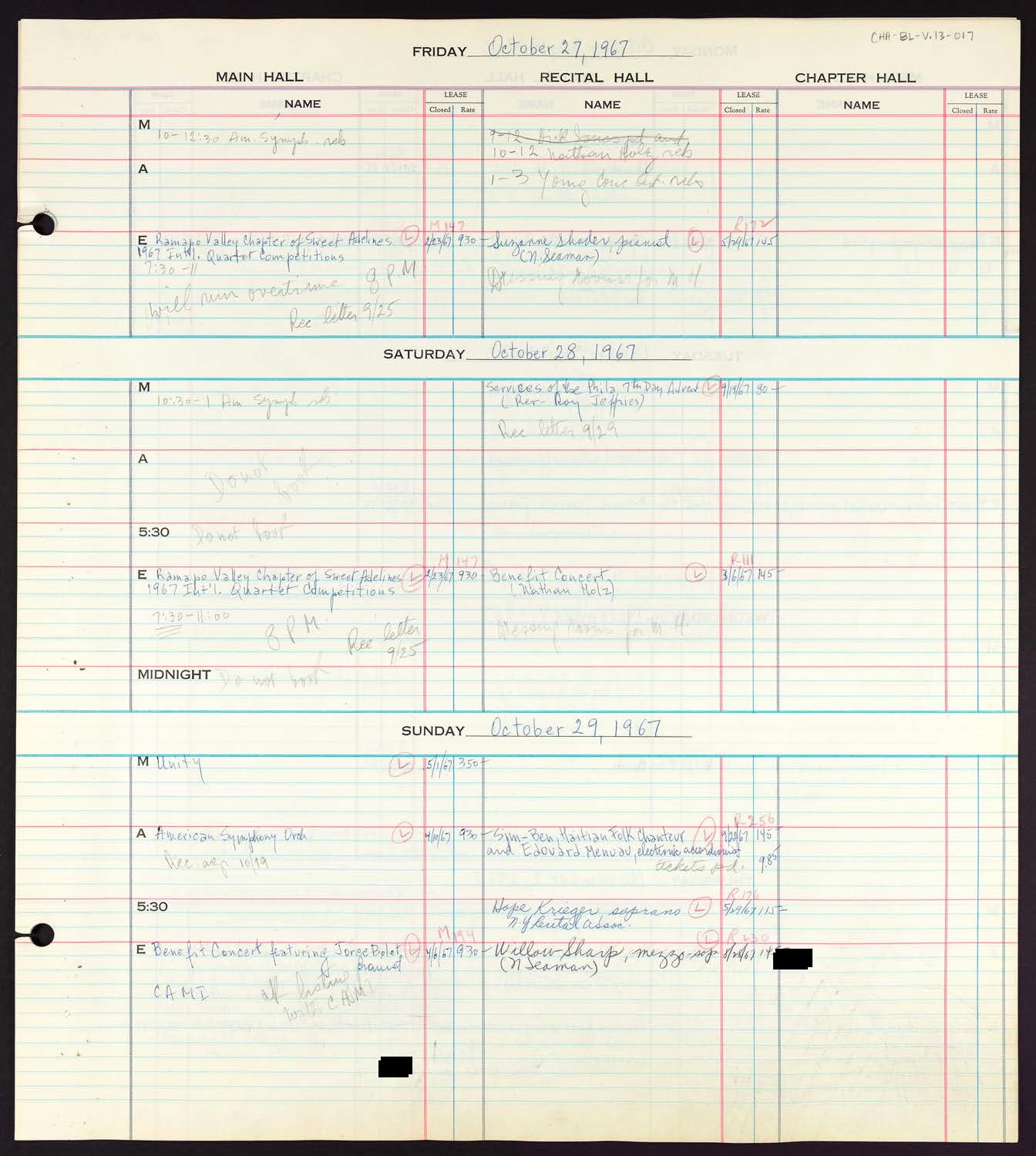 Carnegie Hall Booking Ledger, volume 13, page 17